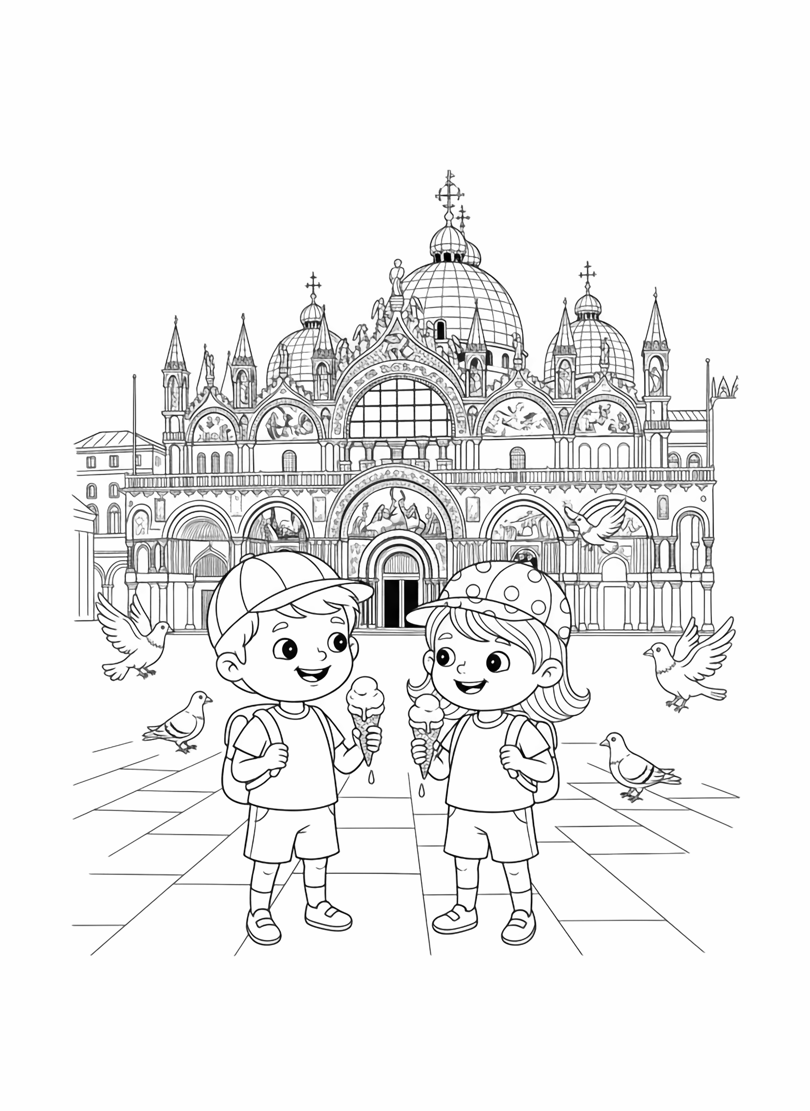 A black and white page showing two cheerful children exploring the famous St Mark's Square in Venice The kids are wearing cute caps and carrying small backpacks holding gelato cones while pigeons flutter around them Behind them the magnificent St Mark's Basilica features its distinctive arches and columns with the clean black and white line drawing minimal shading no colour no fill kleurplaat