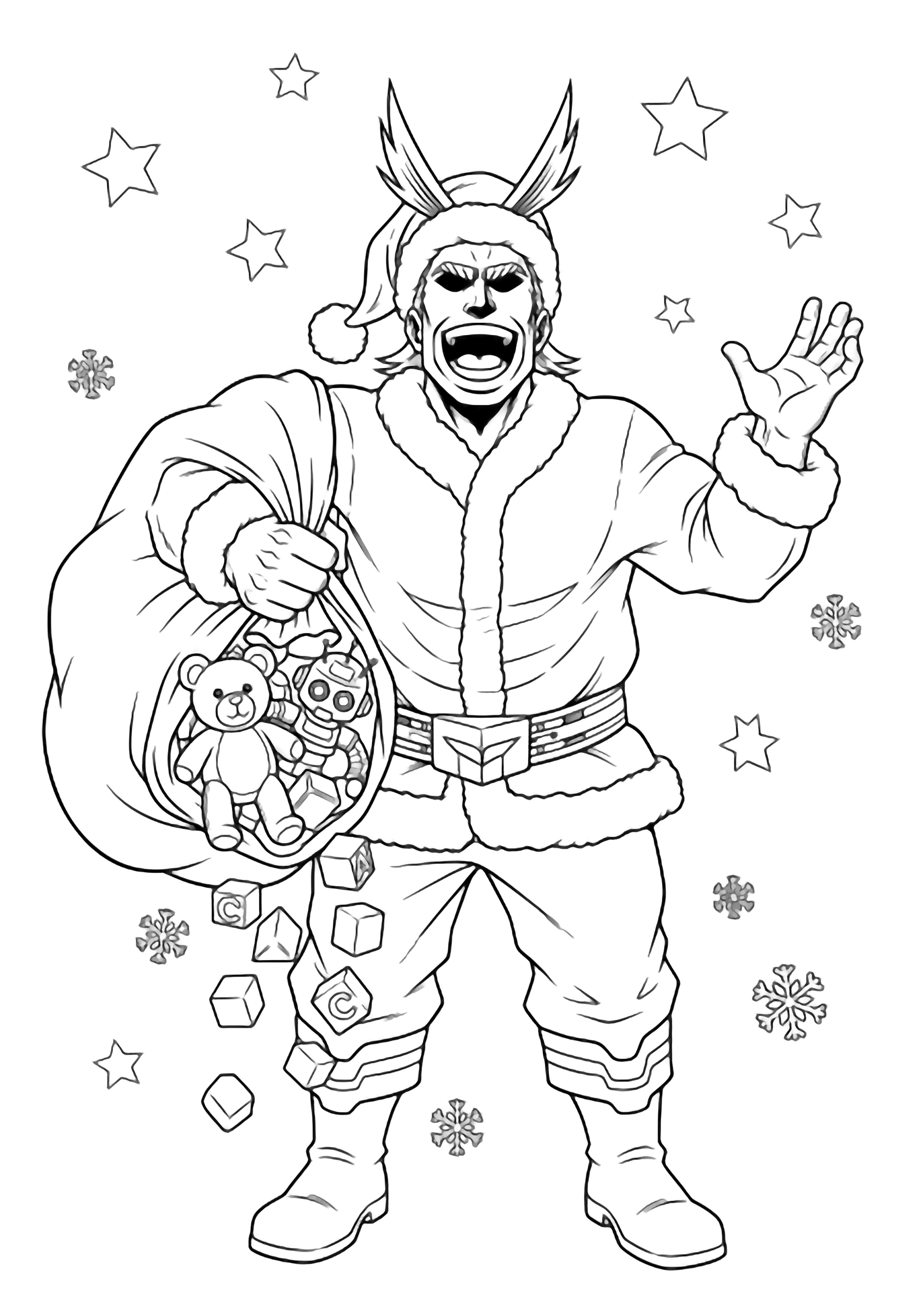 All Might in Santa hat and coat laughing, holding a sack that spills a teddy bear, robot, and blocks, with snowflakes and stars behind him. kleurplaat