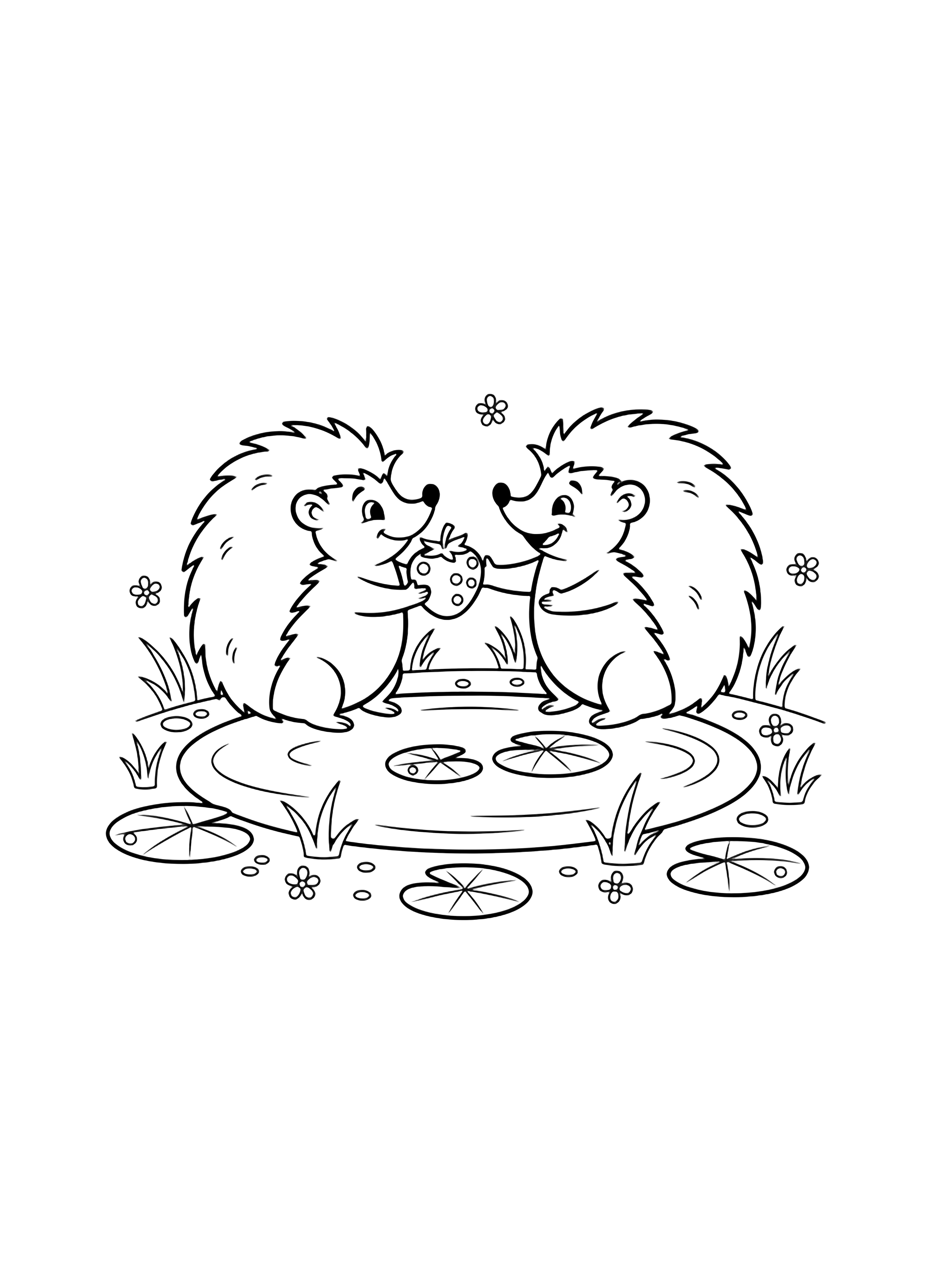 Two smiling hedgehogs sit facing each other beside a pond; one offers a berry, the other reaches out, surrounded by lily pads, tiny flowers, and grass tufts. kleurplaat