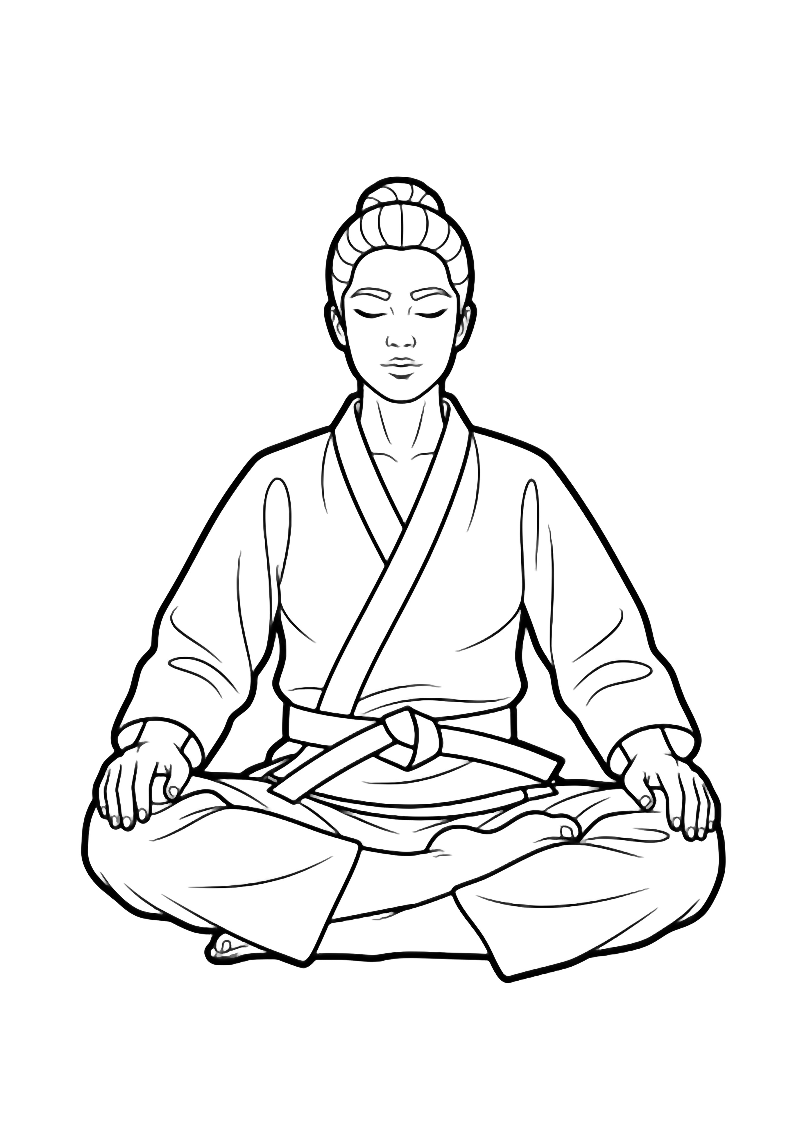 A serene martial artist sits cross-legged meditating, hands on knees, eyes closed, wearing a gi and belt, hair tied back. kleurplaat