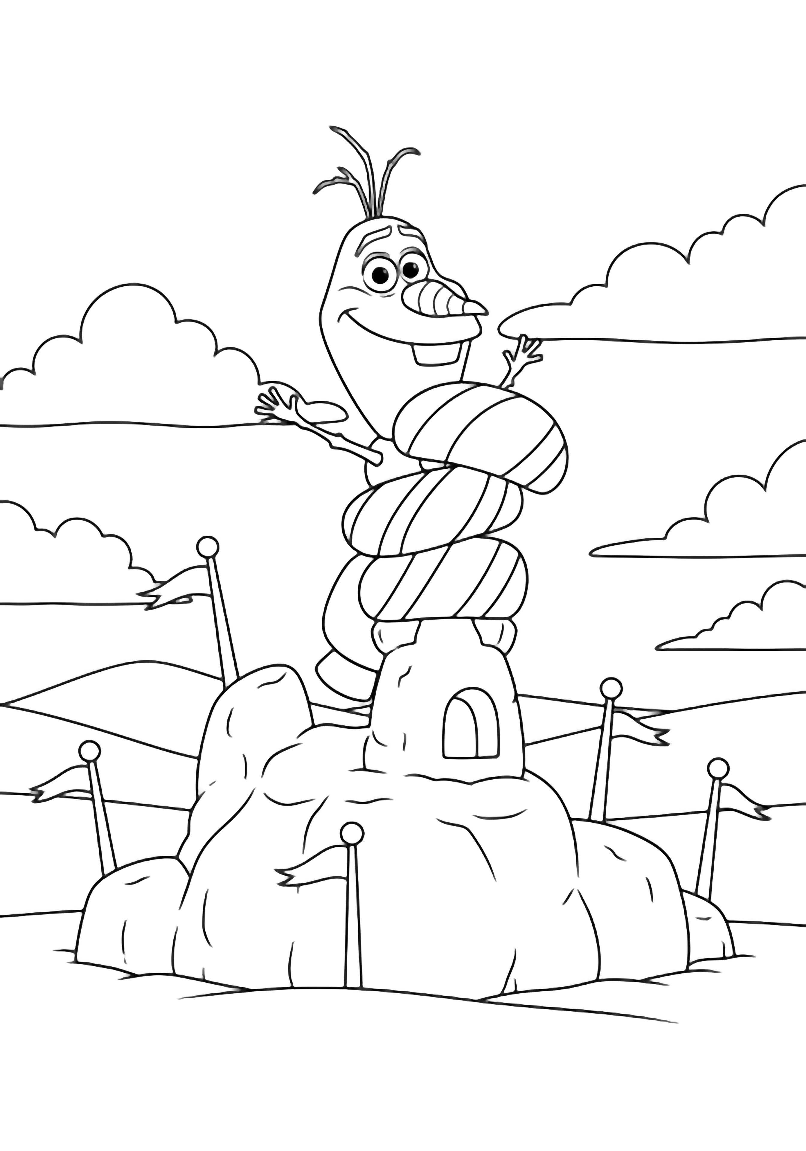 Olaf cheerfully stacks giant candy-cane-striped tower tops onto a lumpy snow castle, smiling wide, with empty flagpoles, simple clouds and rolling hills behind him. kleurplaat