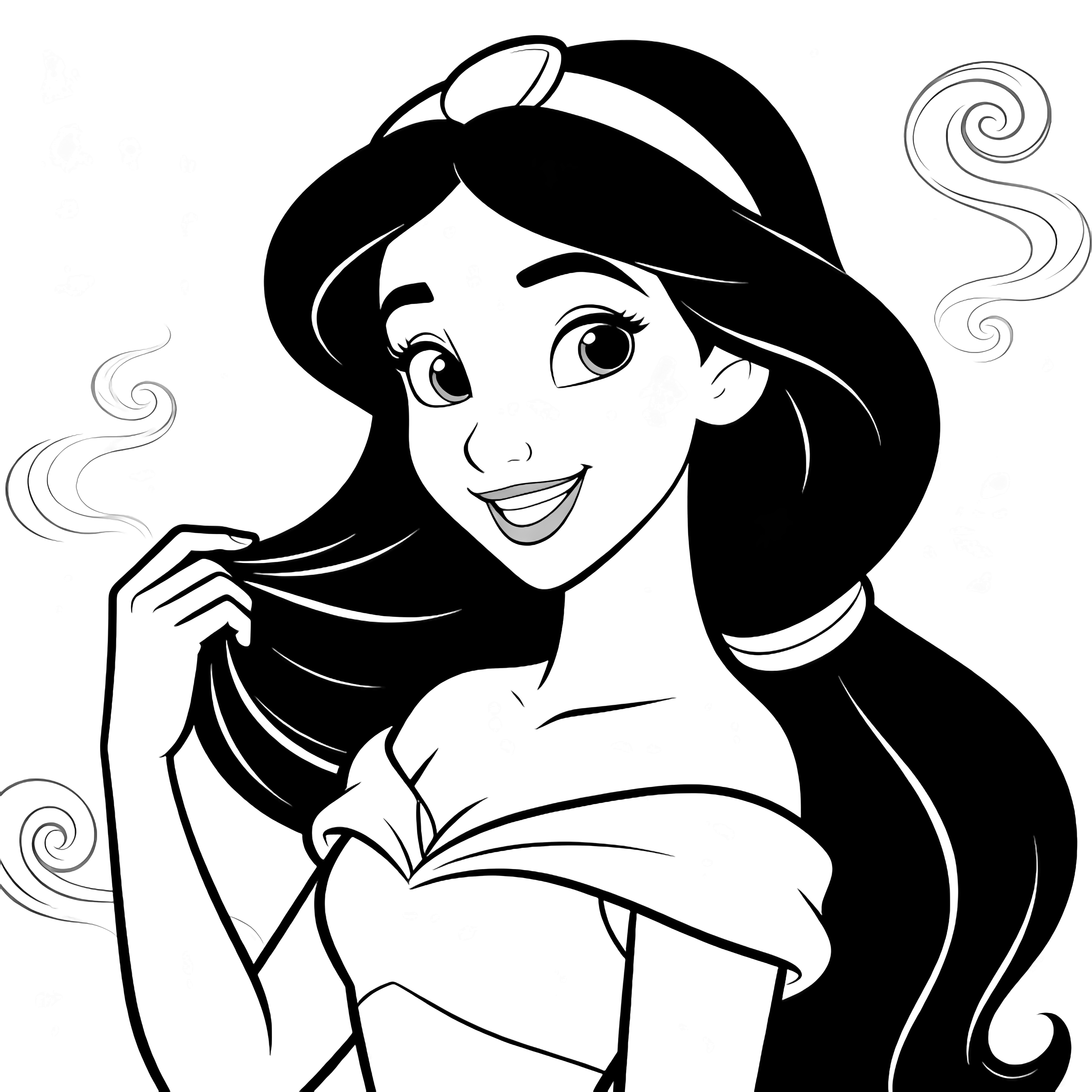 Jasmine, smiling, lifts her long hair into a wave; swirling curls drift behind her like smoke. kleurplaat