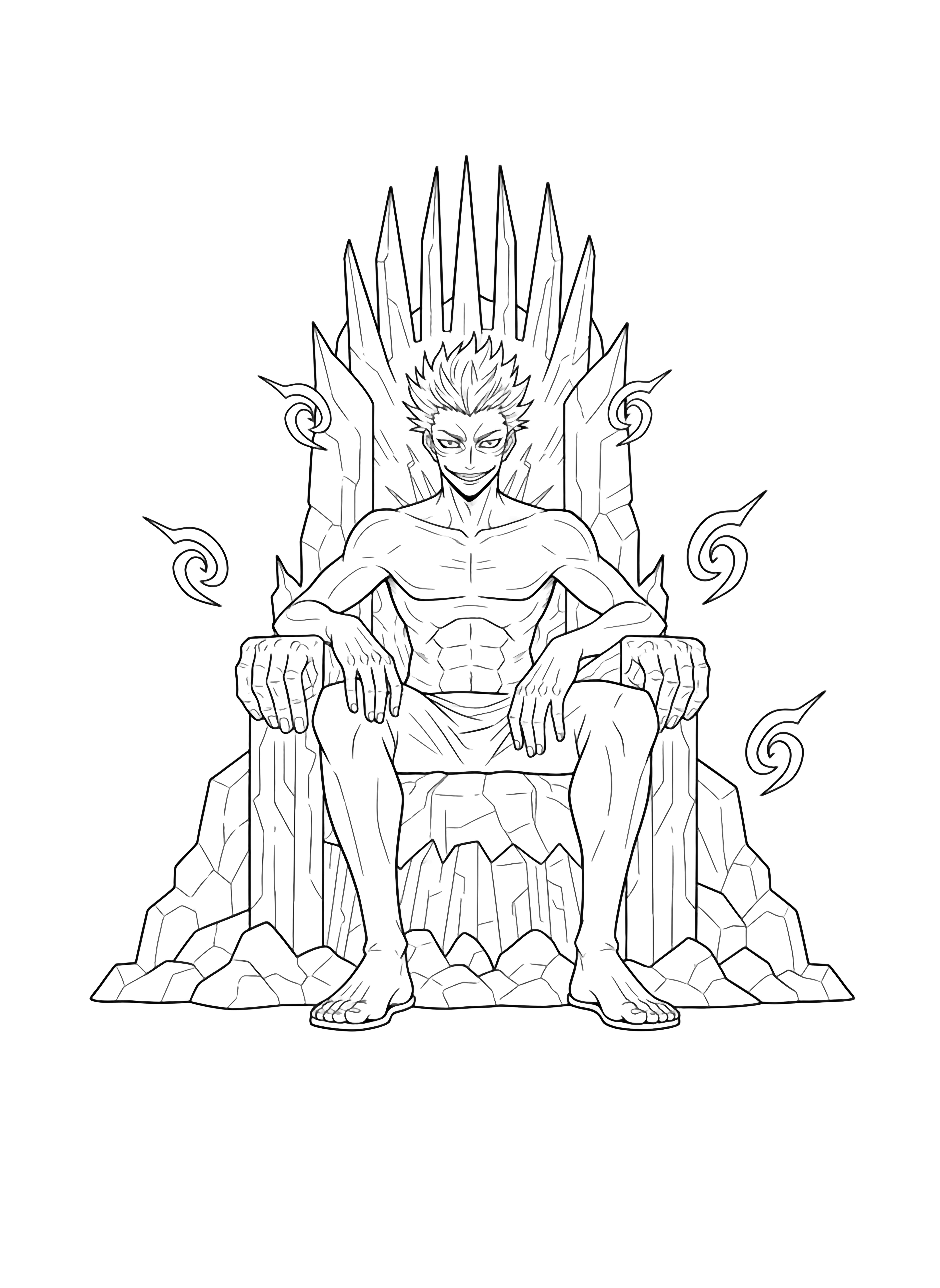 Sukuna lounges on a jagged throne, four arms draped over its arms, spiky hair framing a smirking face while swirling symbols drift around him. kleurplaat