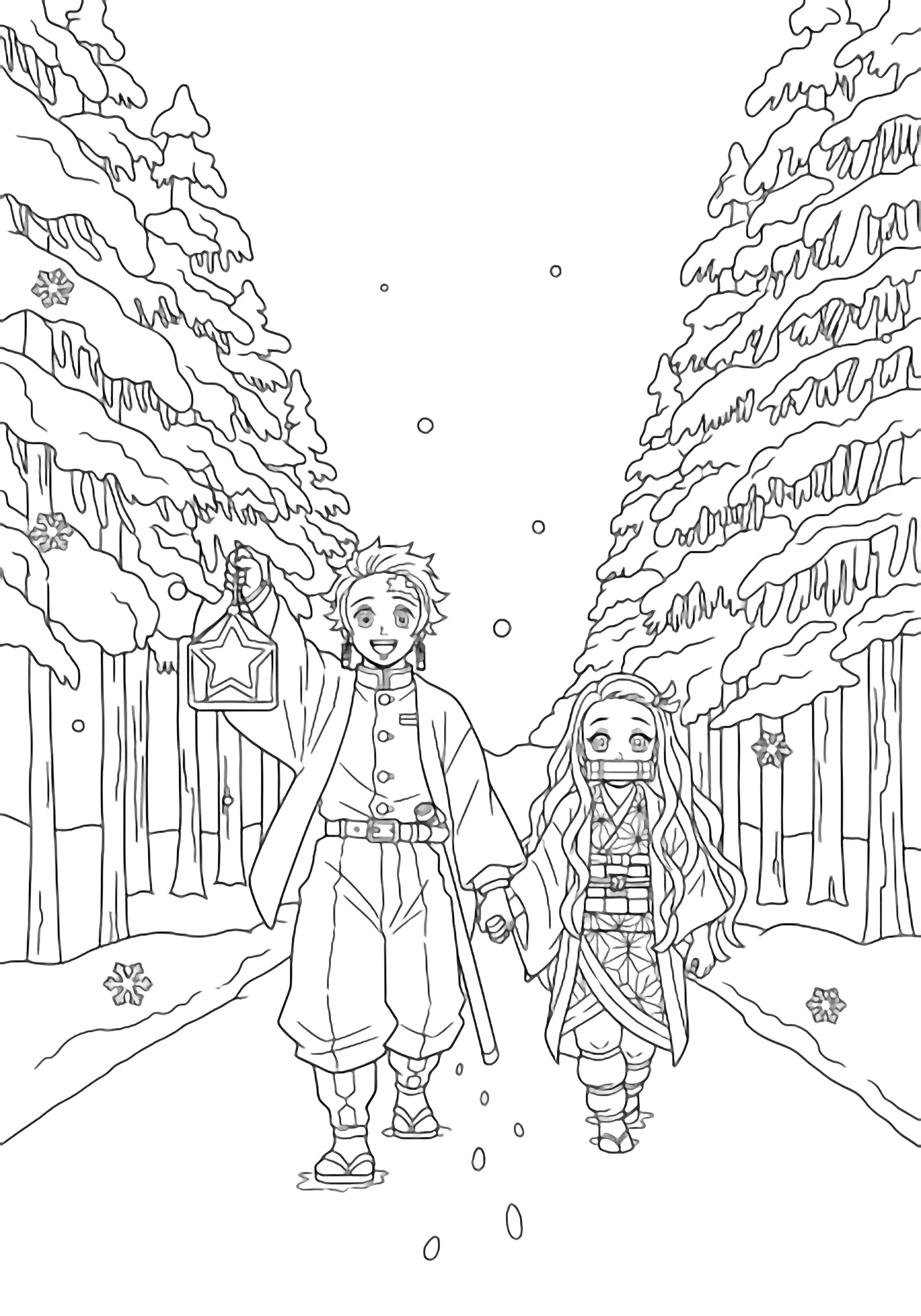 Tanjiro and Nezuko walk together down a snowy pine-lined path, his raised star lantern glowing amid drifting flakes. kleurplaat