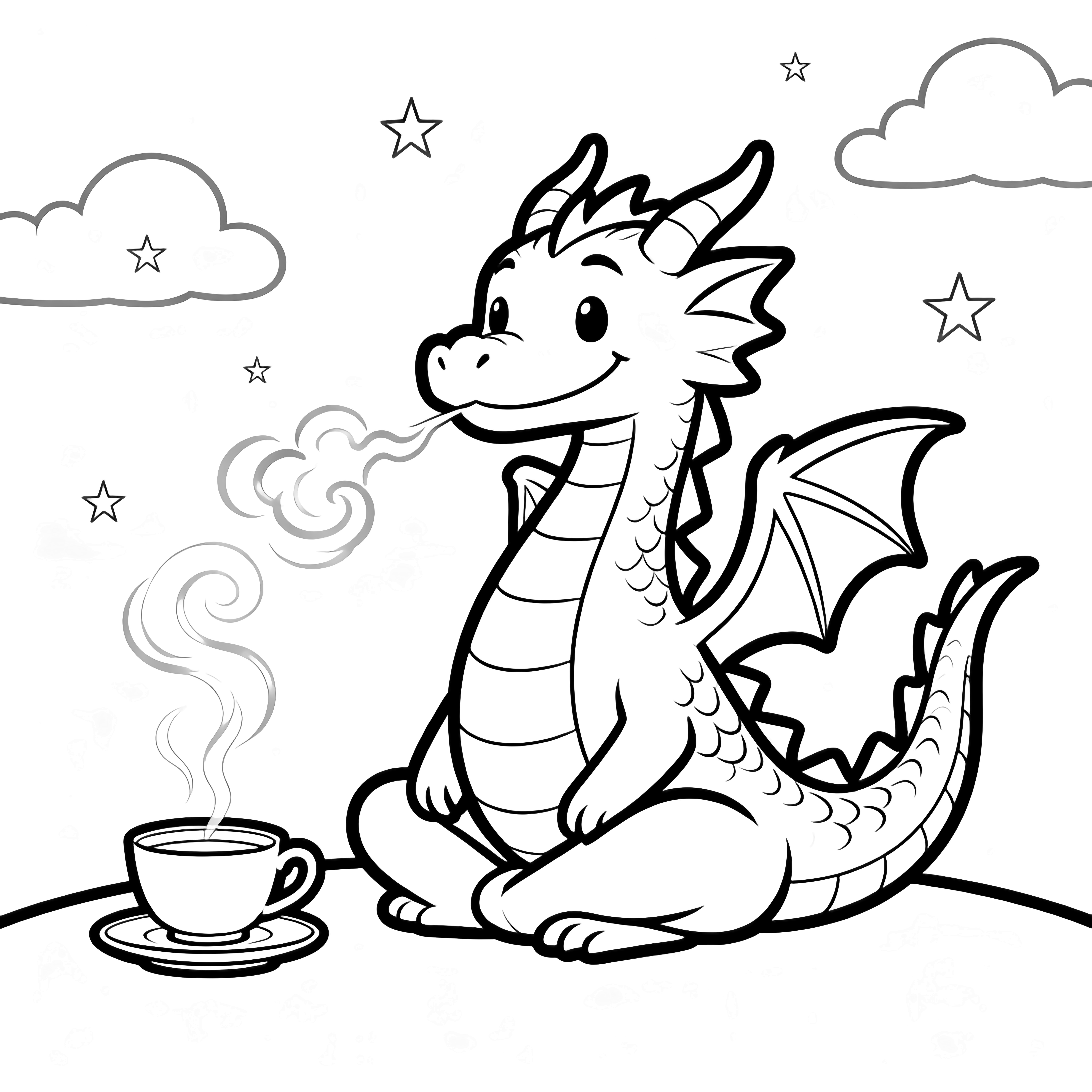 Smiling dragon sits cross-legged puffing smoke rings at a teacup on a saucer; clouds and tiny stars drift above a double-curved horizon. kleurplaat