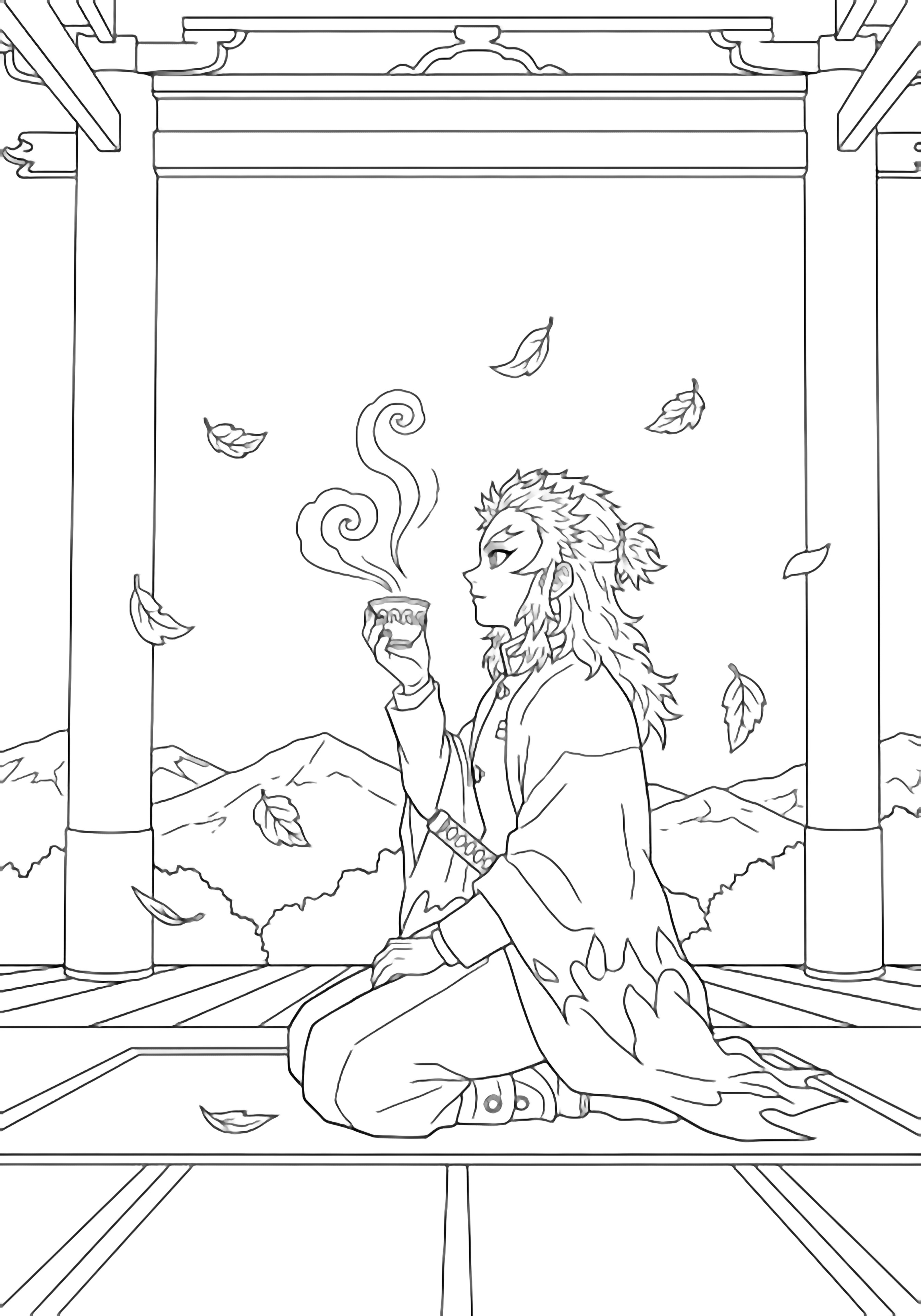 Rengoku kneels on a tatami outside open temple gates, lifting a teacup while swirling leaves dance around him; gate pillars and distant mountains frame the scene. kleurplaat