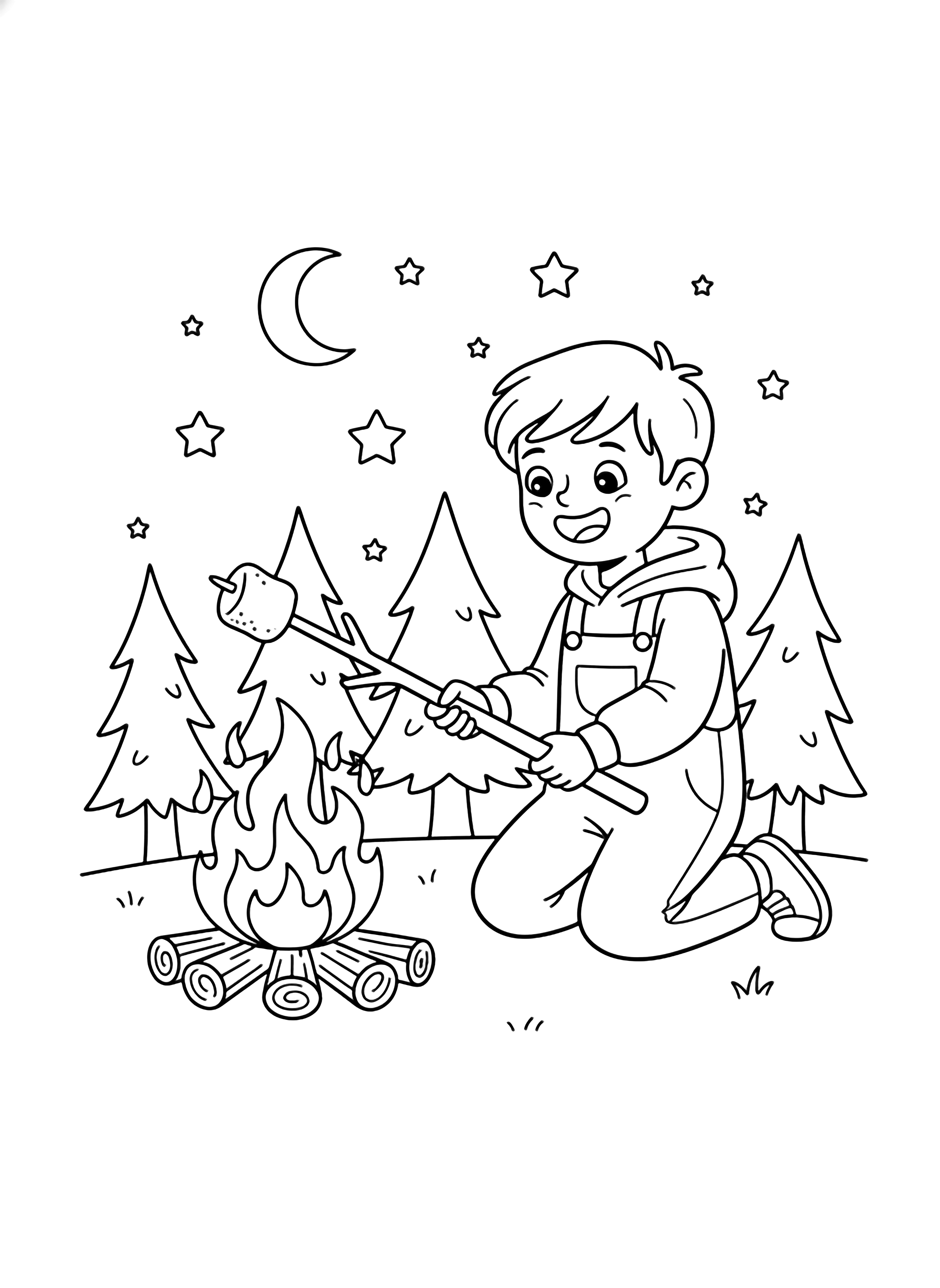 Smiling child kneels by crackling campfire, roasting marshmallow on stick; logs, starry sky, pine trees behind. kleurplaat