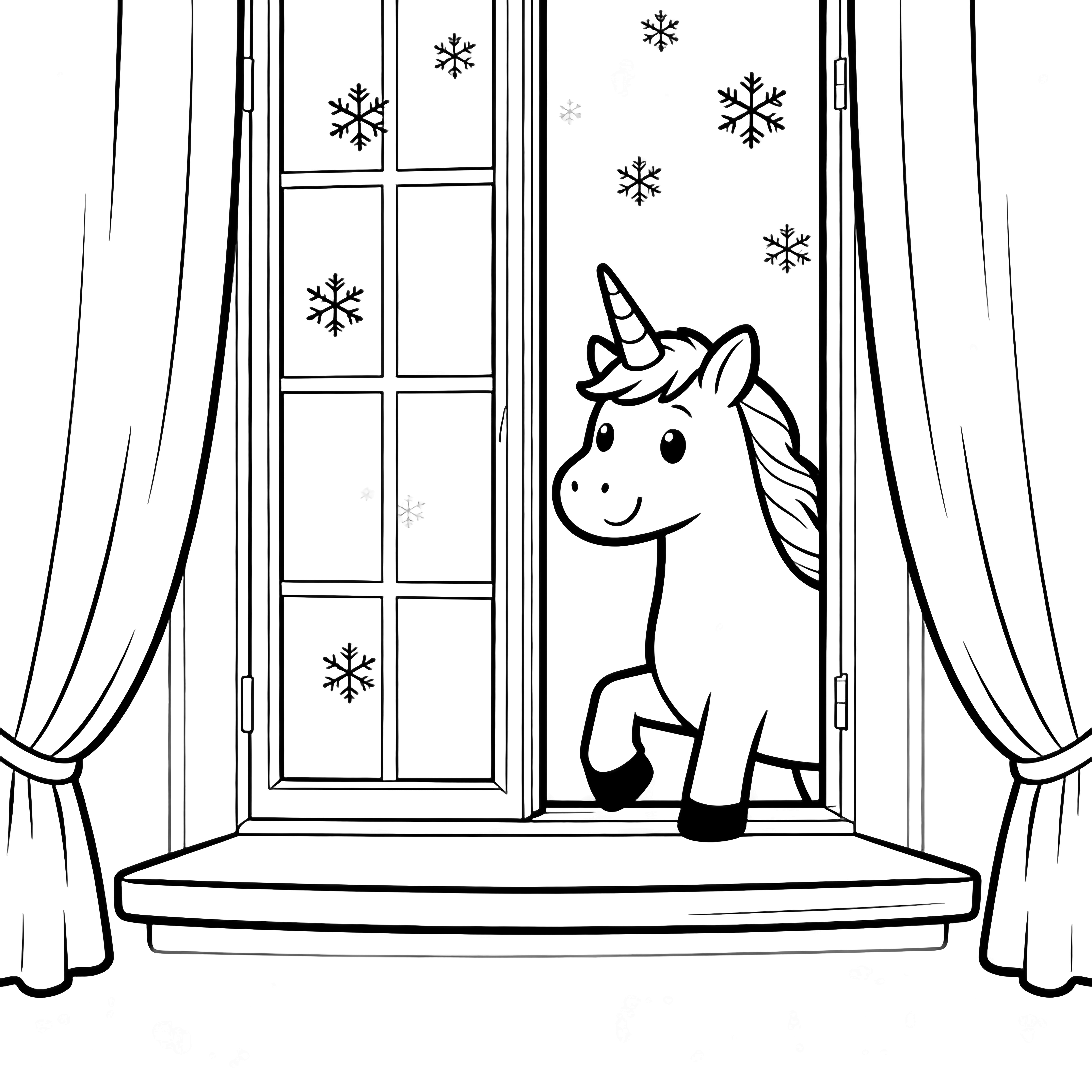 Een eenhoofd steigerend bij een open raam, glurend naar binnen terwijl sneeuwvlokjes langs ingelijste gordijnen en een brede vensterbank dwarrelen. kleurplaat