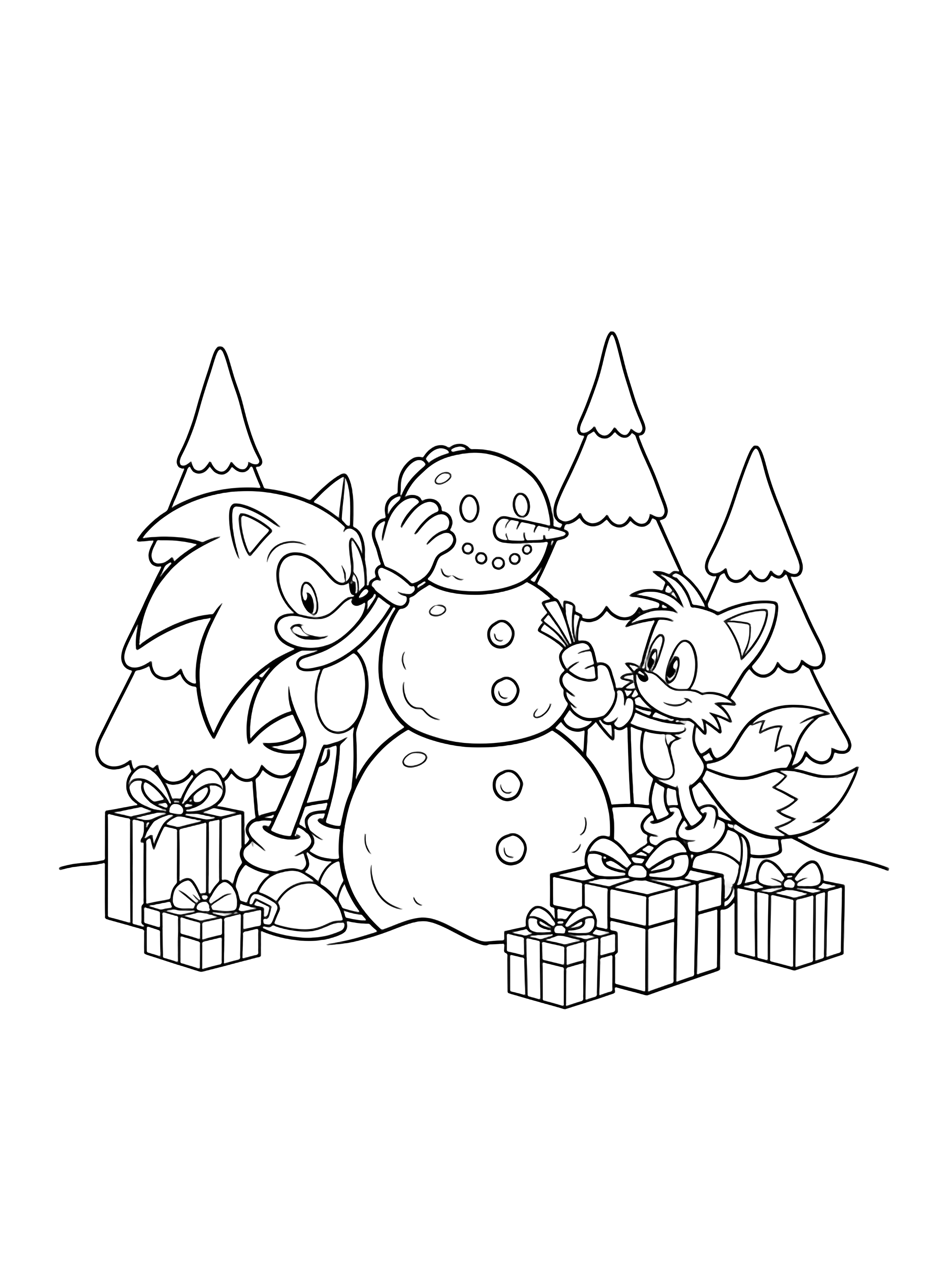 illustration on a Sonic stacking a third snowball while Tails standing on tiptoes offers a carrot nose; simple pine trees and ribbon tied gift boxes frame the scene all in bold black outline with white spaces ready to color clean black kleurplaat
