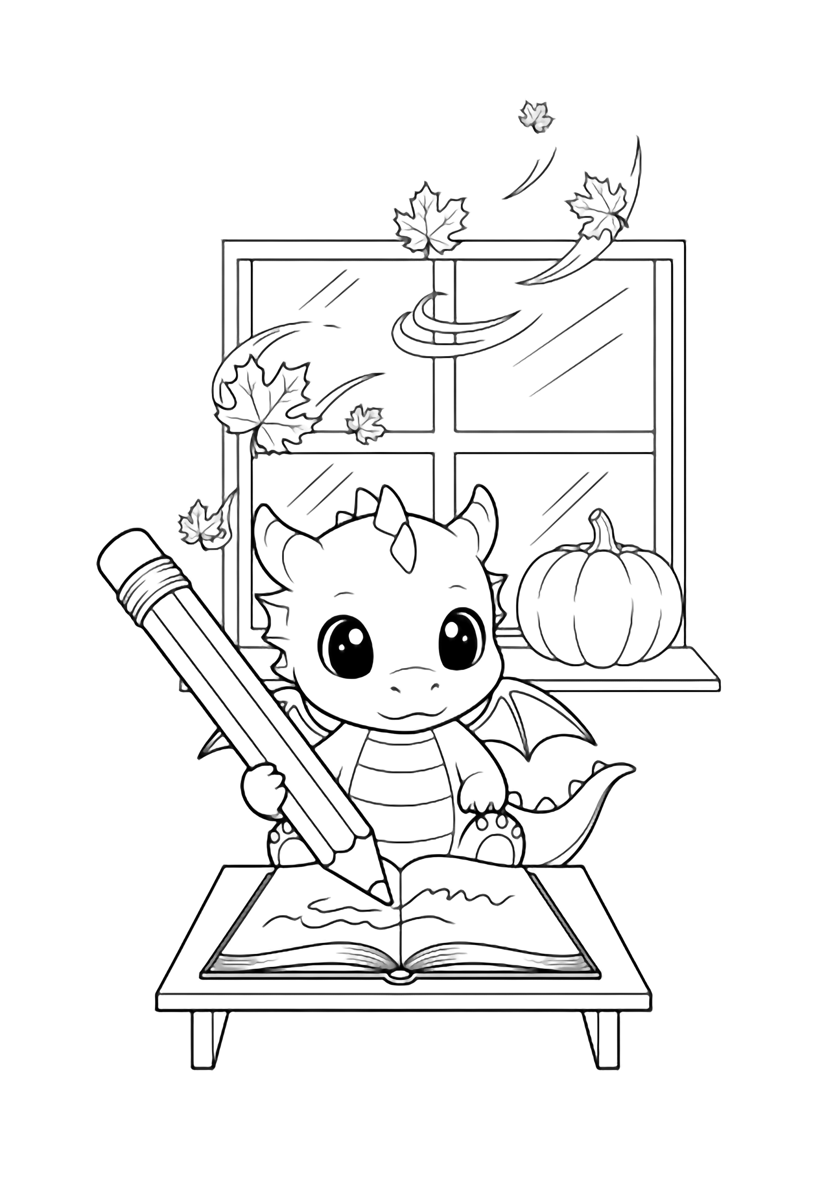 Chibi dragon at tiny desk clutching oversized pencil above open notebook, autumn leaves swirling past window and pumpkin. kleurplaat