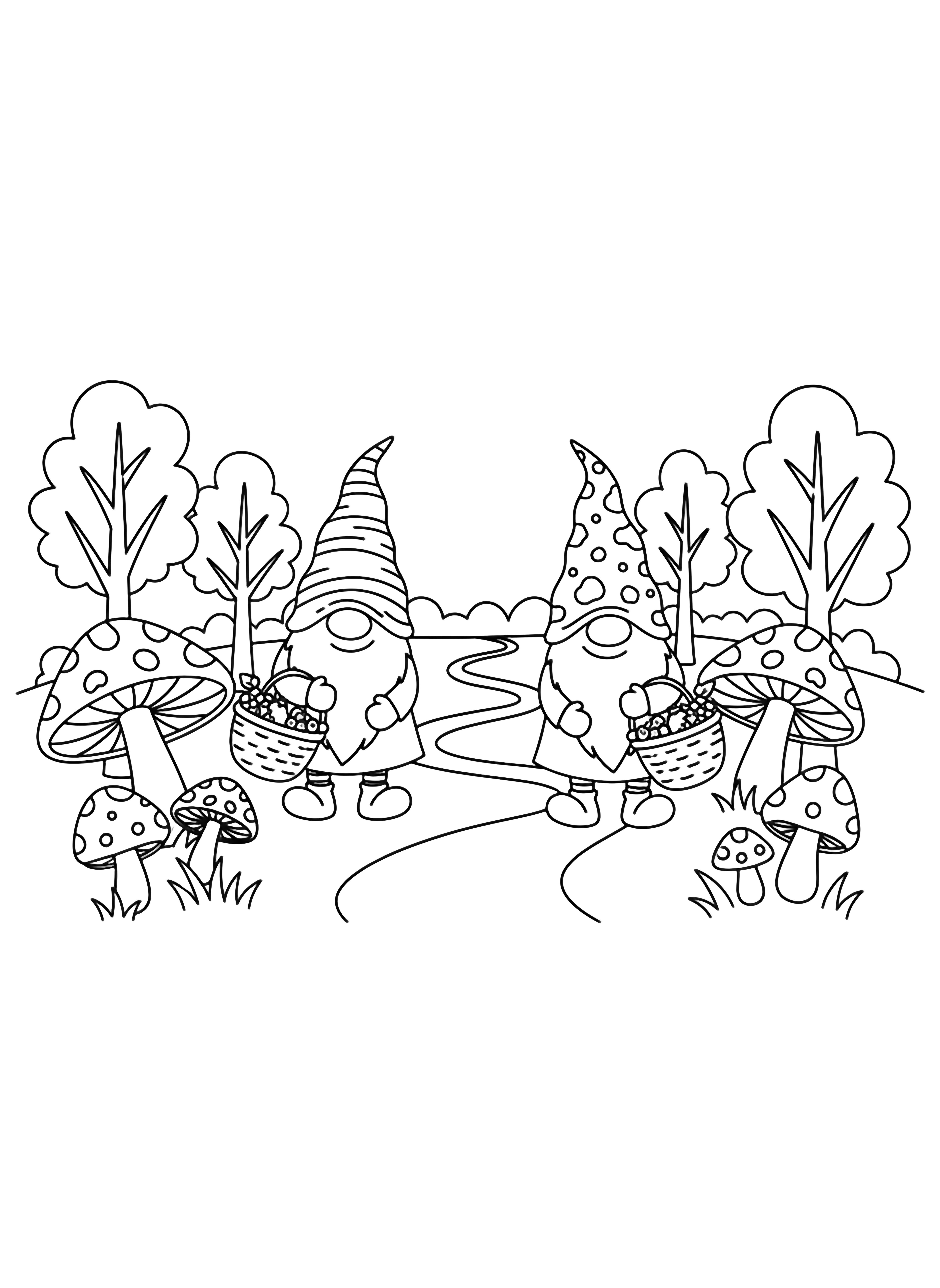 Two cheerful gnomes with tall hats carry berry baskets along a curving forest trail, flanked by giant mushrooms and leafy trees. kleurplaat