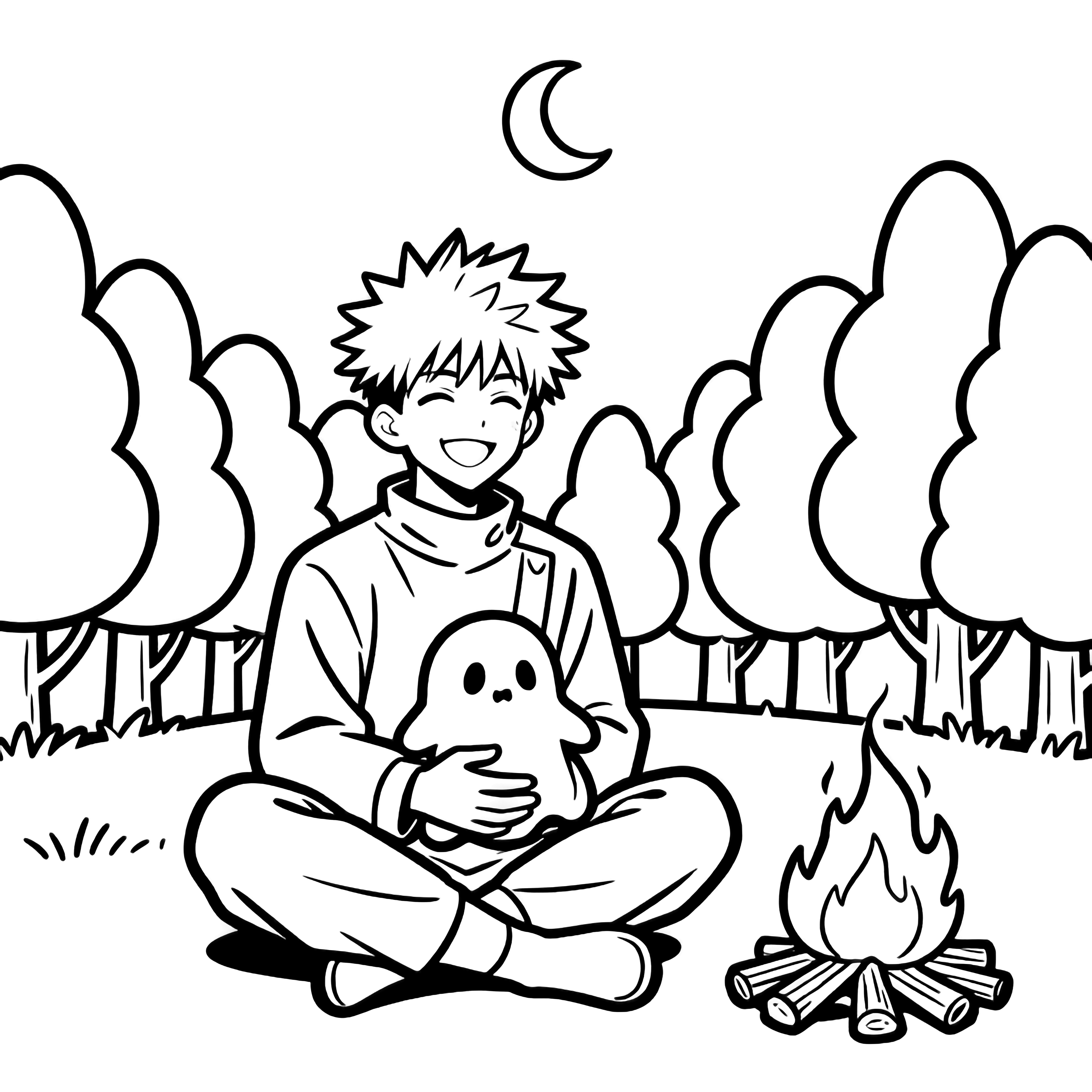 Gojo sits cross-legged, smiling, holding a tiny ghost plush in his lap; a small campfire glows beside him, surrounded by rounded trees and a crescent moon above. kleurplaat