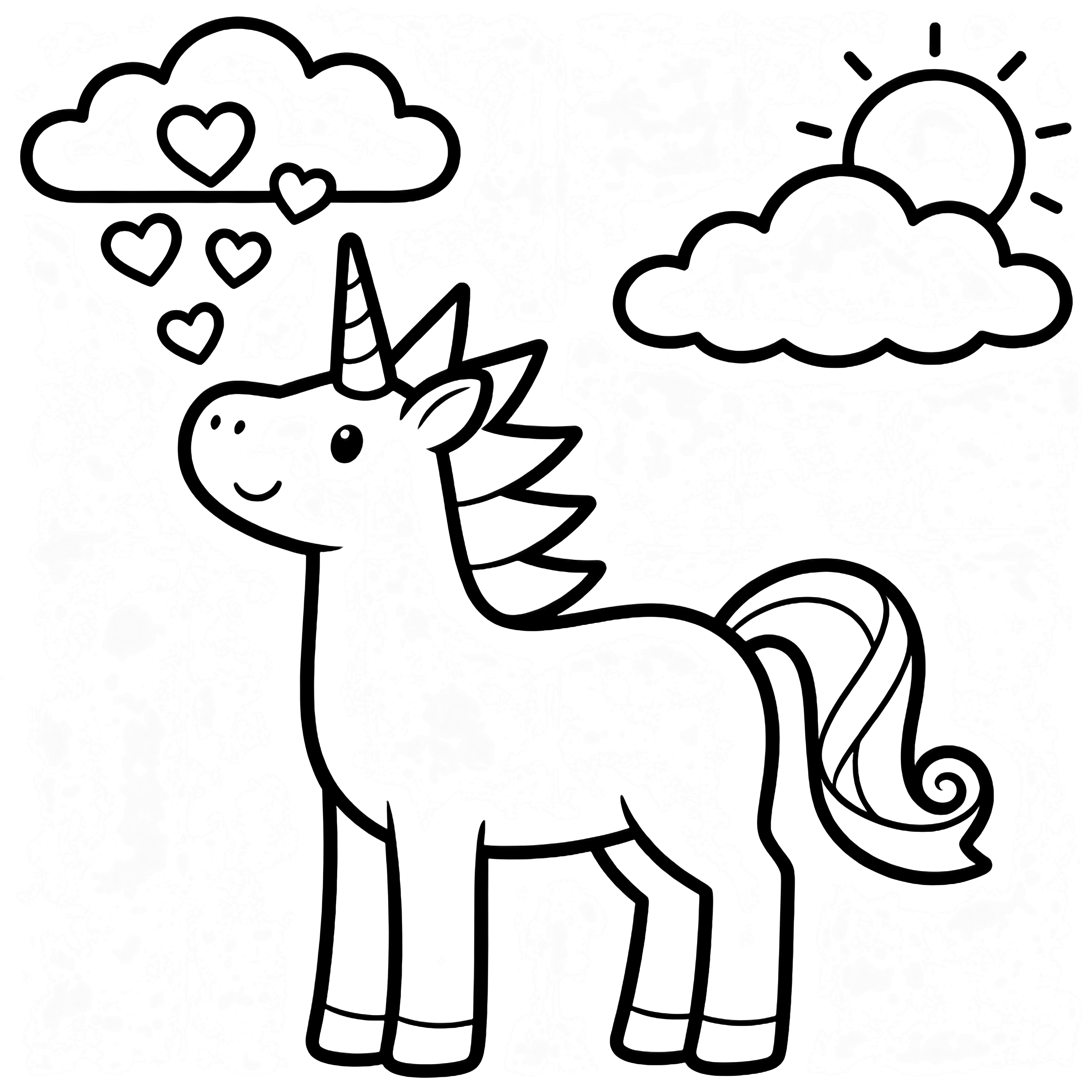 A smiling unicorn with spiky mane and ribbon tail blows heart bubbles toward puffy clouds and a simple sun. kleurplaat