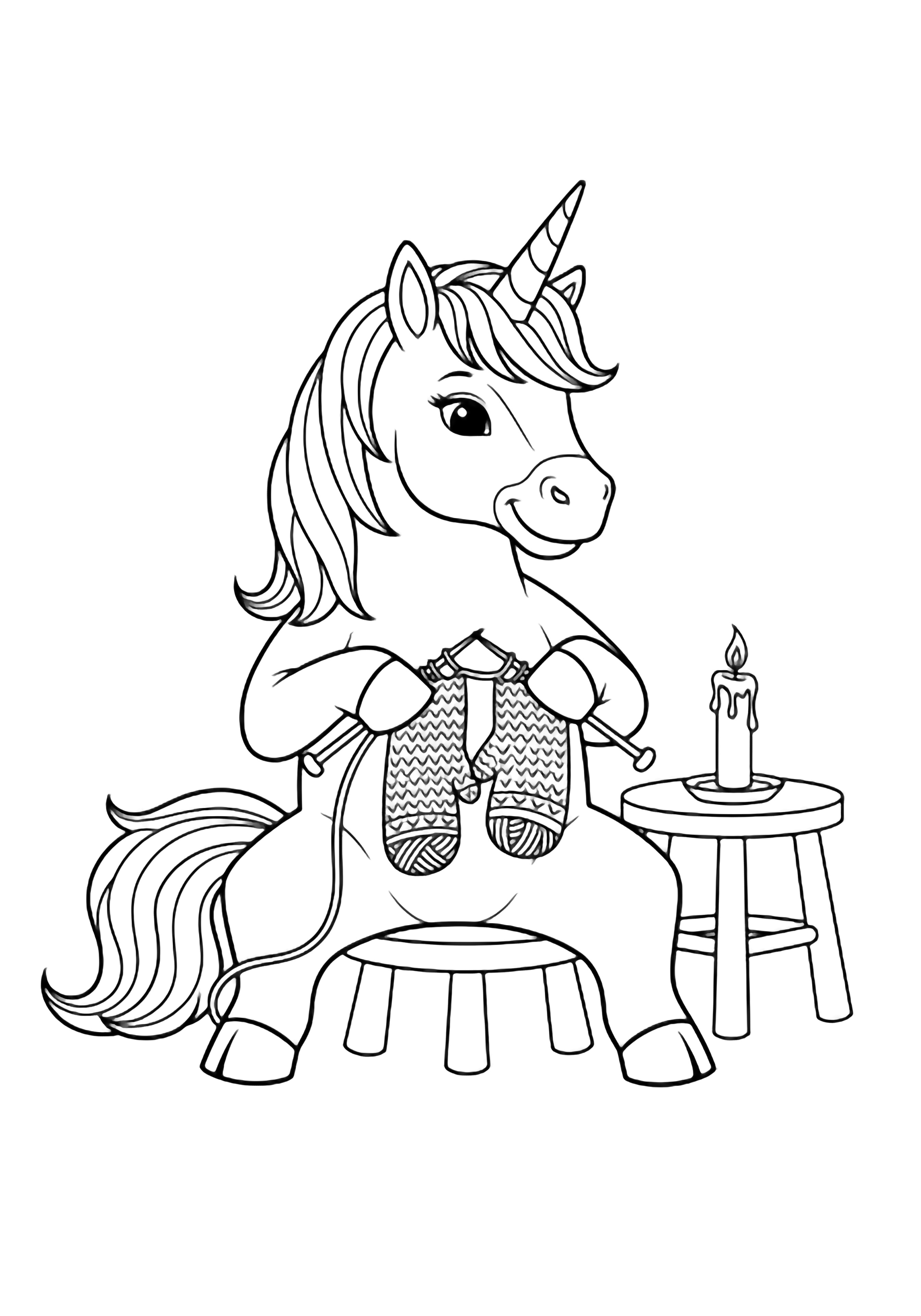 A smiling unicorn on a stool knits mittens with yarn looping from its needles; a candle stands on a small table beside it. kleurplaat