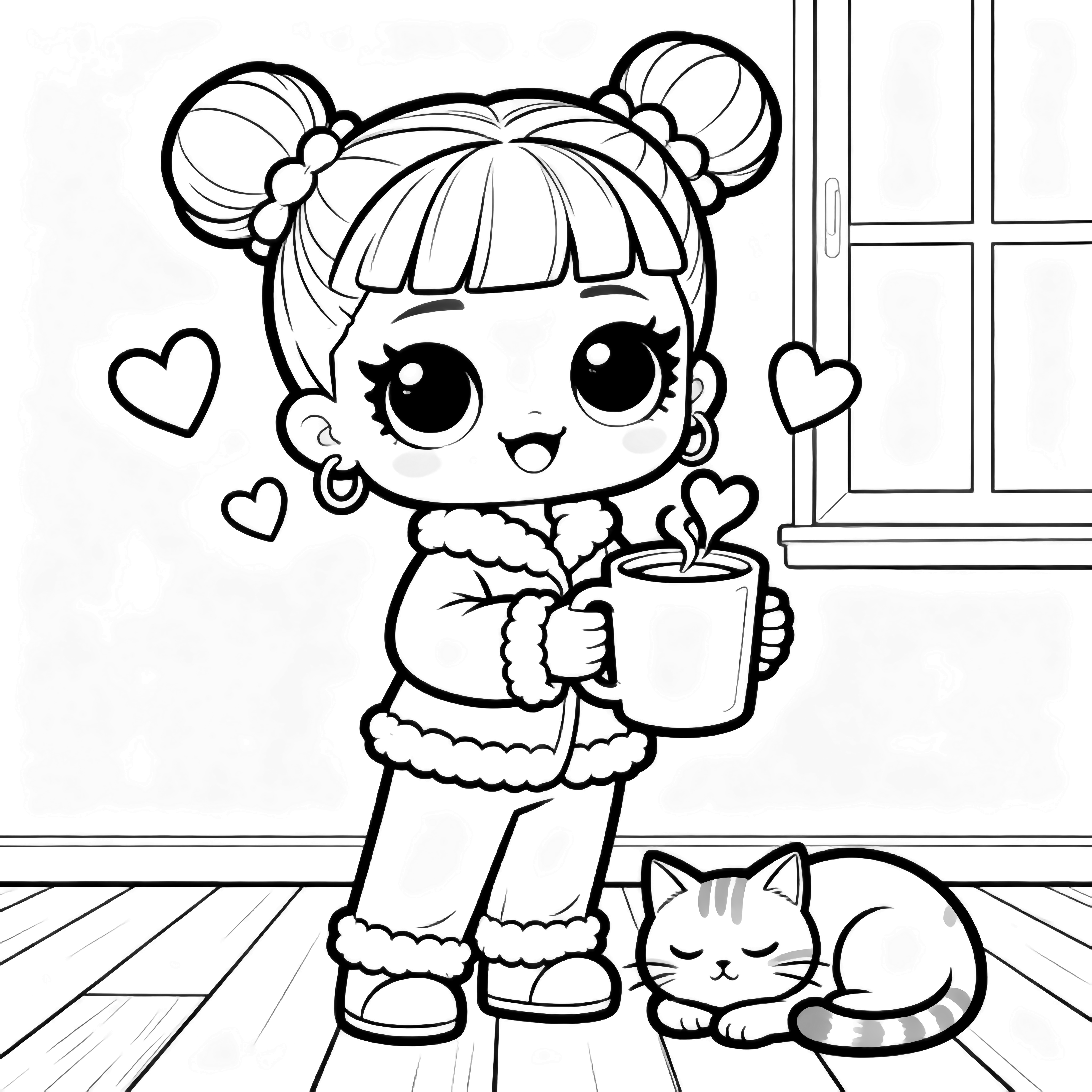 Chibi Sugar LOL doll in puffy pajamas, smiling with heart-steam mug, curled cat beside her, floorboards, window, floating hearts kleurplaat