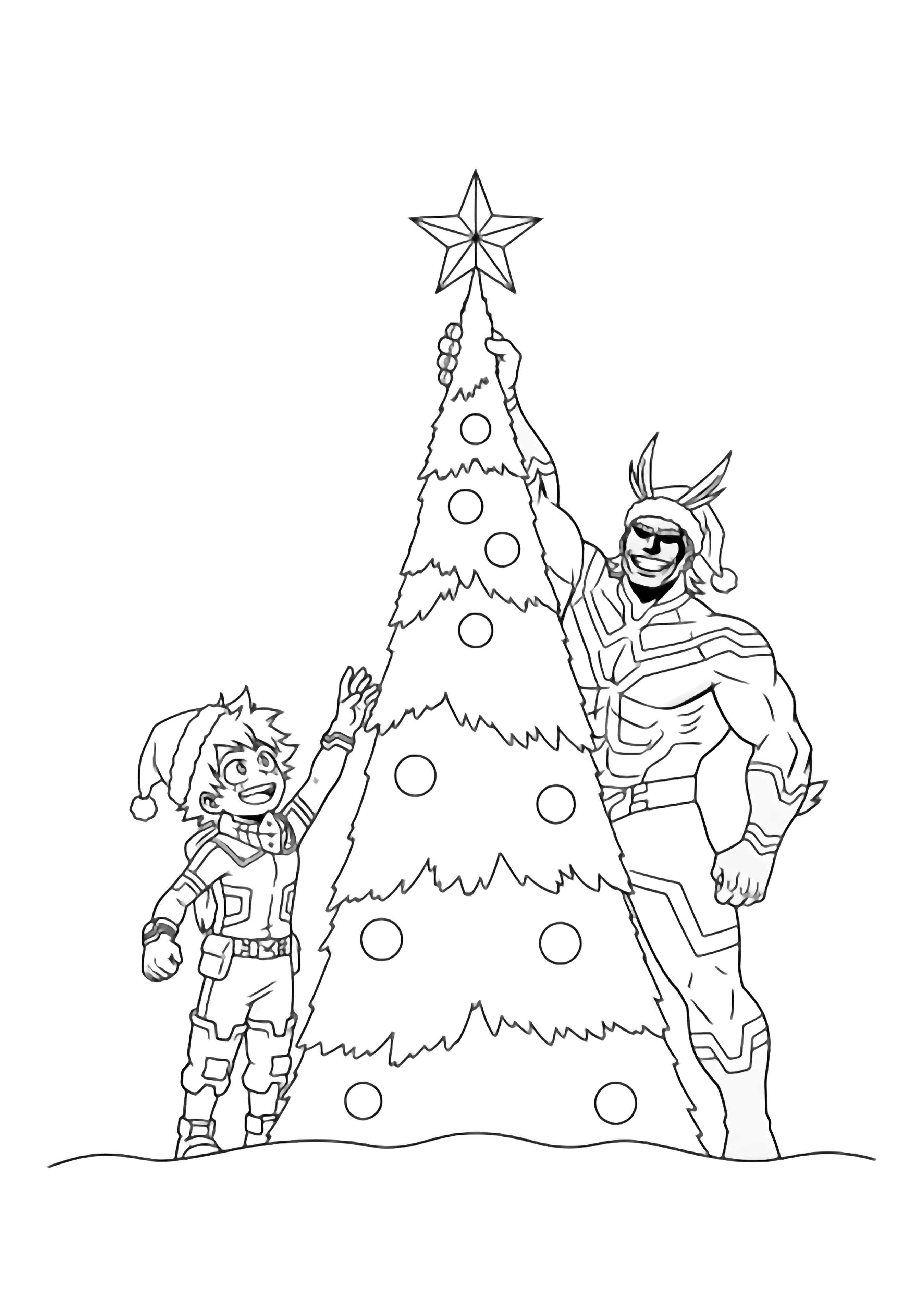 Deku and All Might smile as they together lift a big star onto a tall Christmas tree; simple branches, plain ornaments, snowy ground. kleurplaat