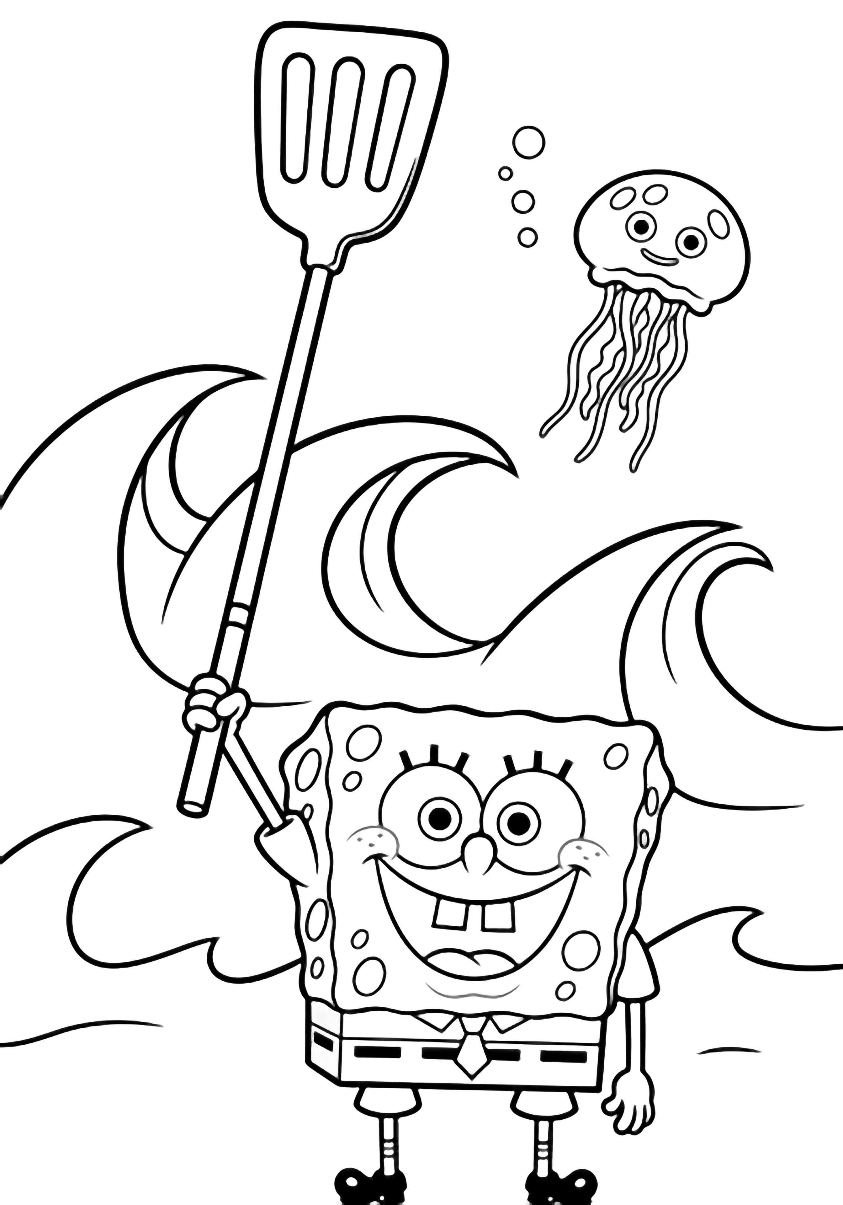 SpongeBob smiling, holding a tall spatula like a baton, with simple waves and a single jellyfish floating behind. kleurplaat