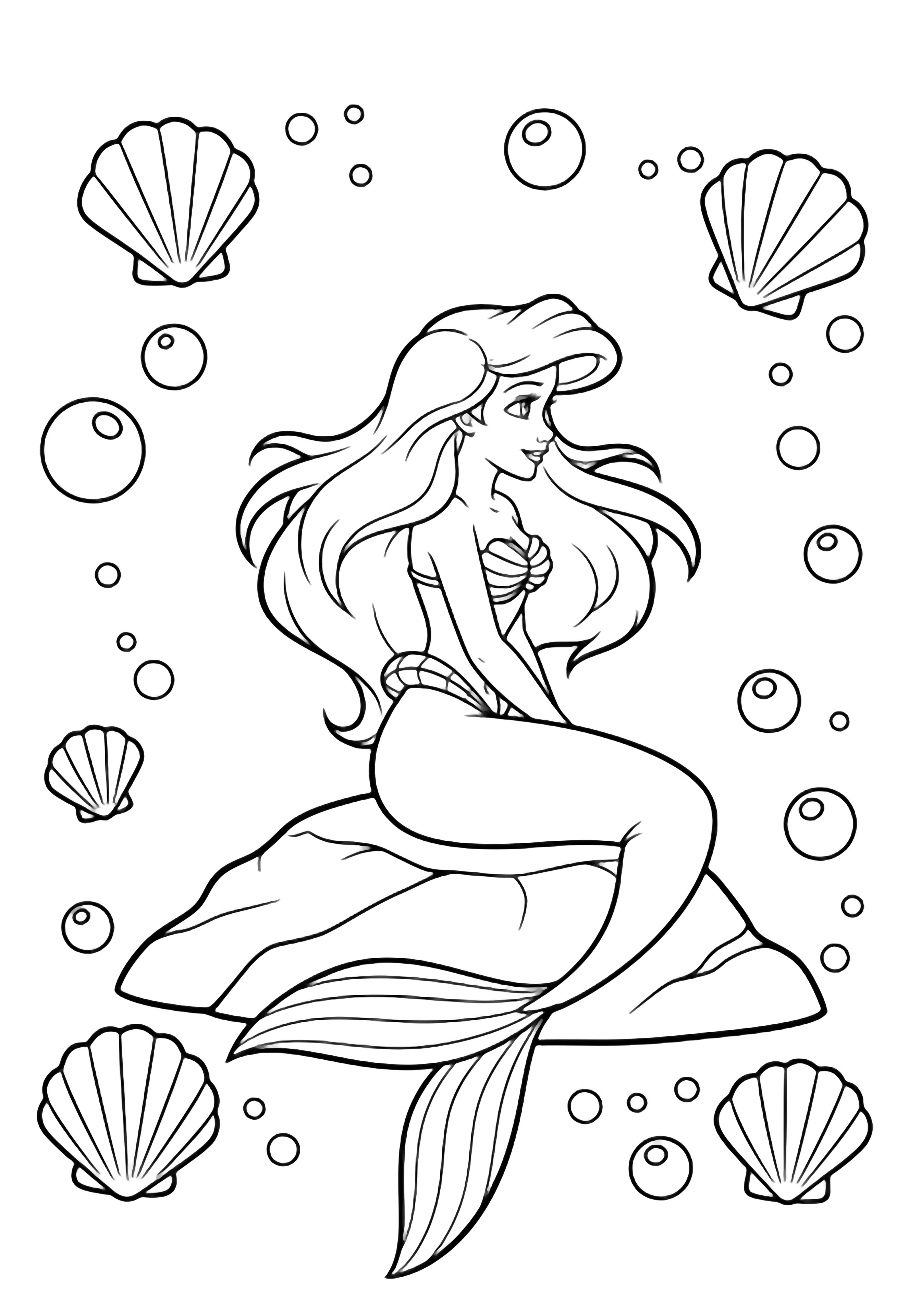 Ariel sits in profile on a smooth rock, her flowing hair and tail surrounded by empty seashells and bubbles. kleurplaat