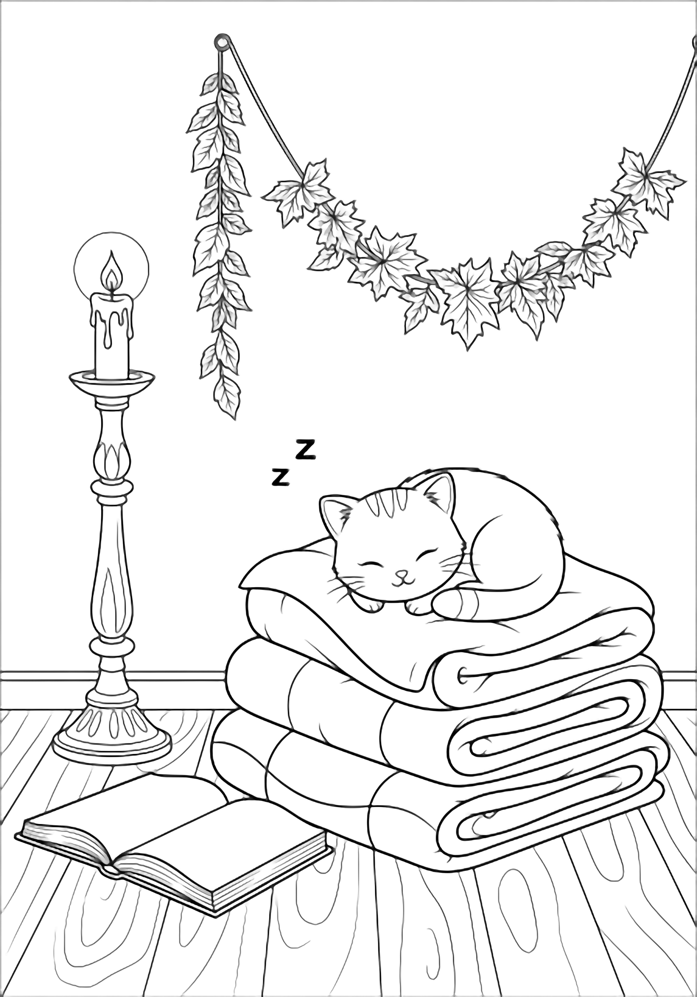 Sleeping kawaii cat on stacked blankets, candlestick and open book nearby, autumn leaf garland on wall, wooden floor. kleurplaat