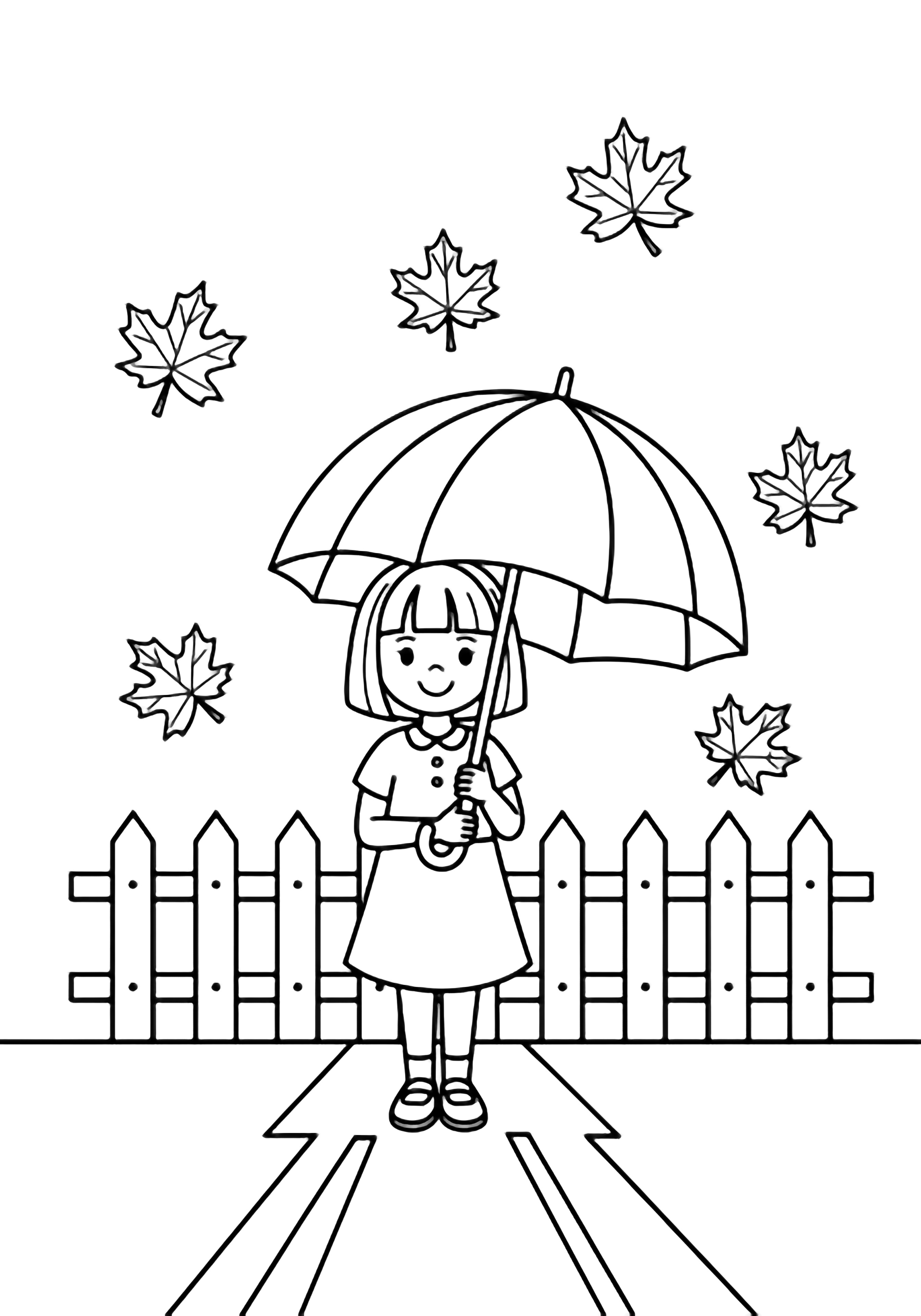 A smiling little girl under an umbrella, five drifting maple leaves, low picket fence, simple path. kleurplaat