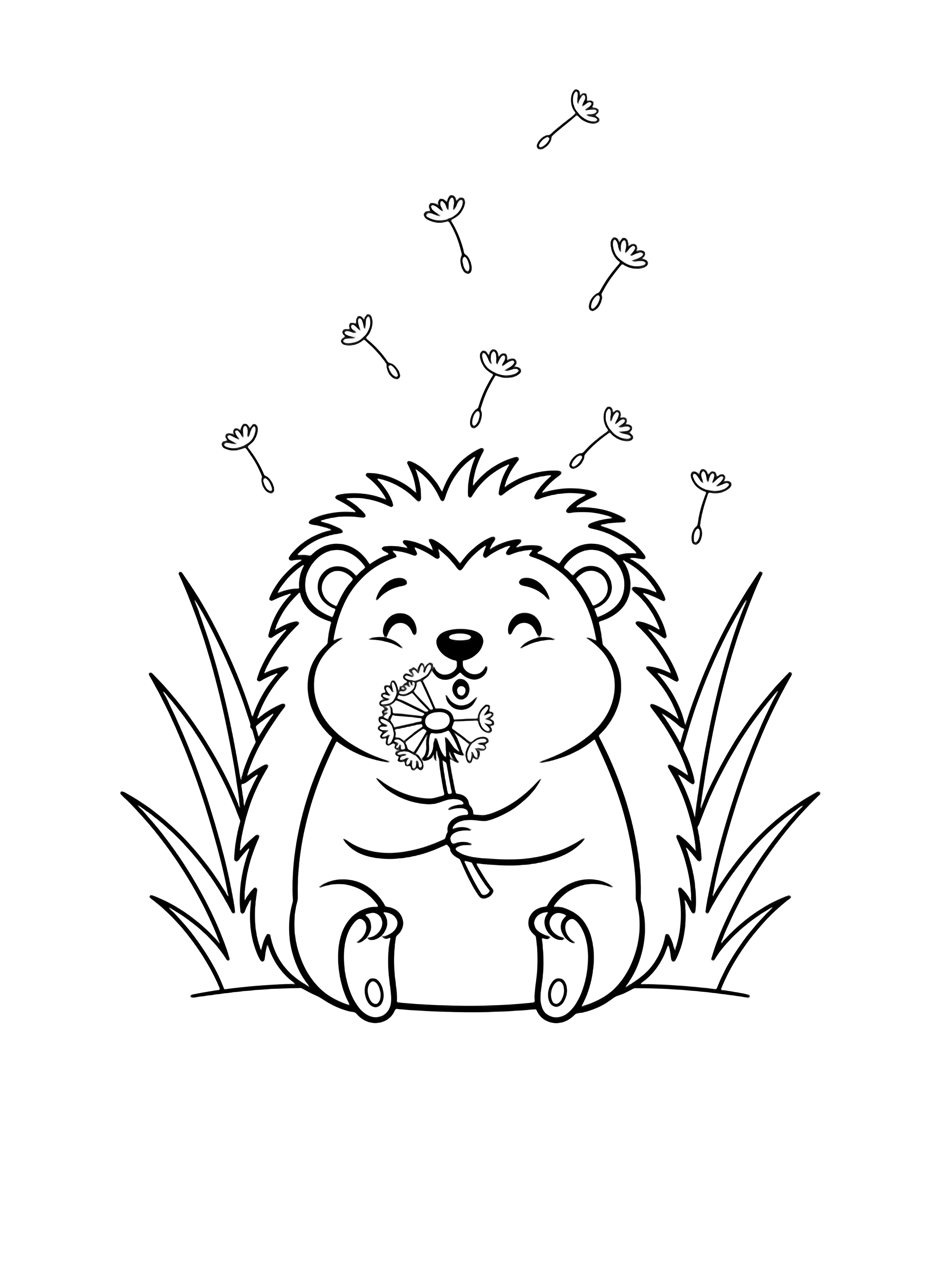 A cheerful hedgehog puffs at a dandelion, sending seeds drifting among tall grass. kleurplaat
