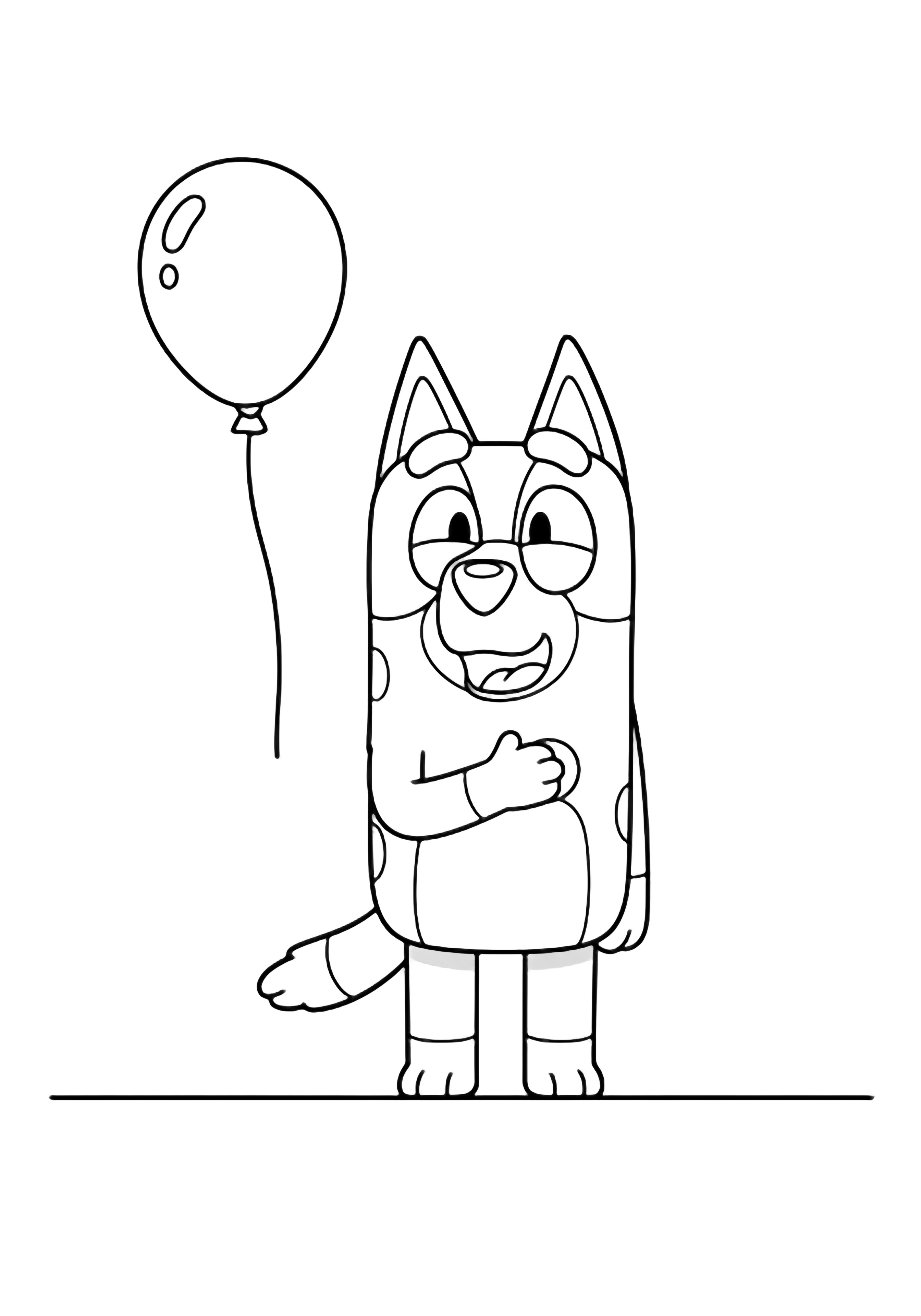 Bluey's dad stands proudly with one paw over his heart, smiling; a balloon drifts behind him on a simple floor. kleurplaat
