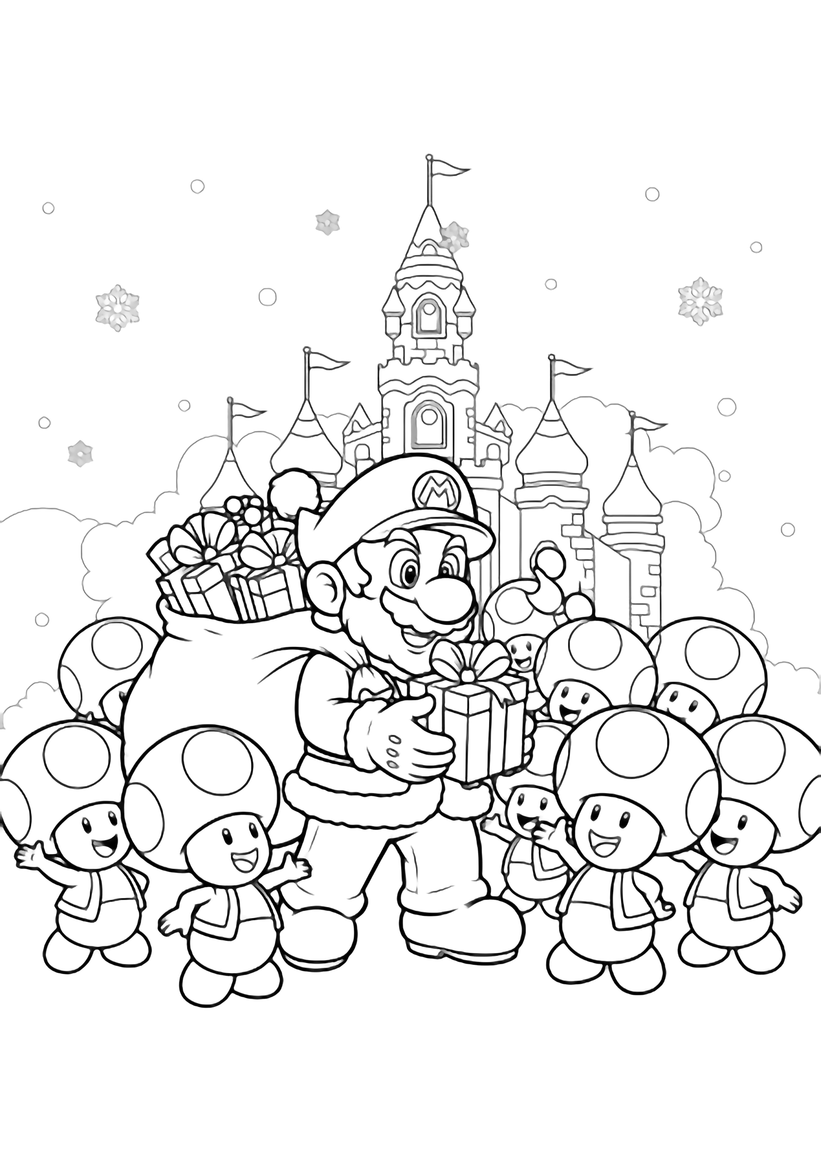 Mario-Santa with a sack greets cheerful Toads, offering gift boxes while Peach's flag-topped castle stands behind under drifting snowflakes. kleurplaat