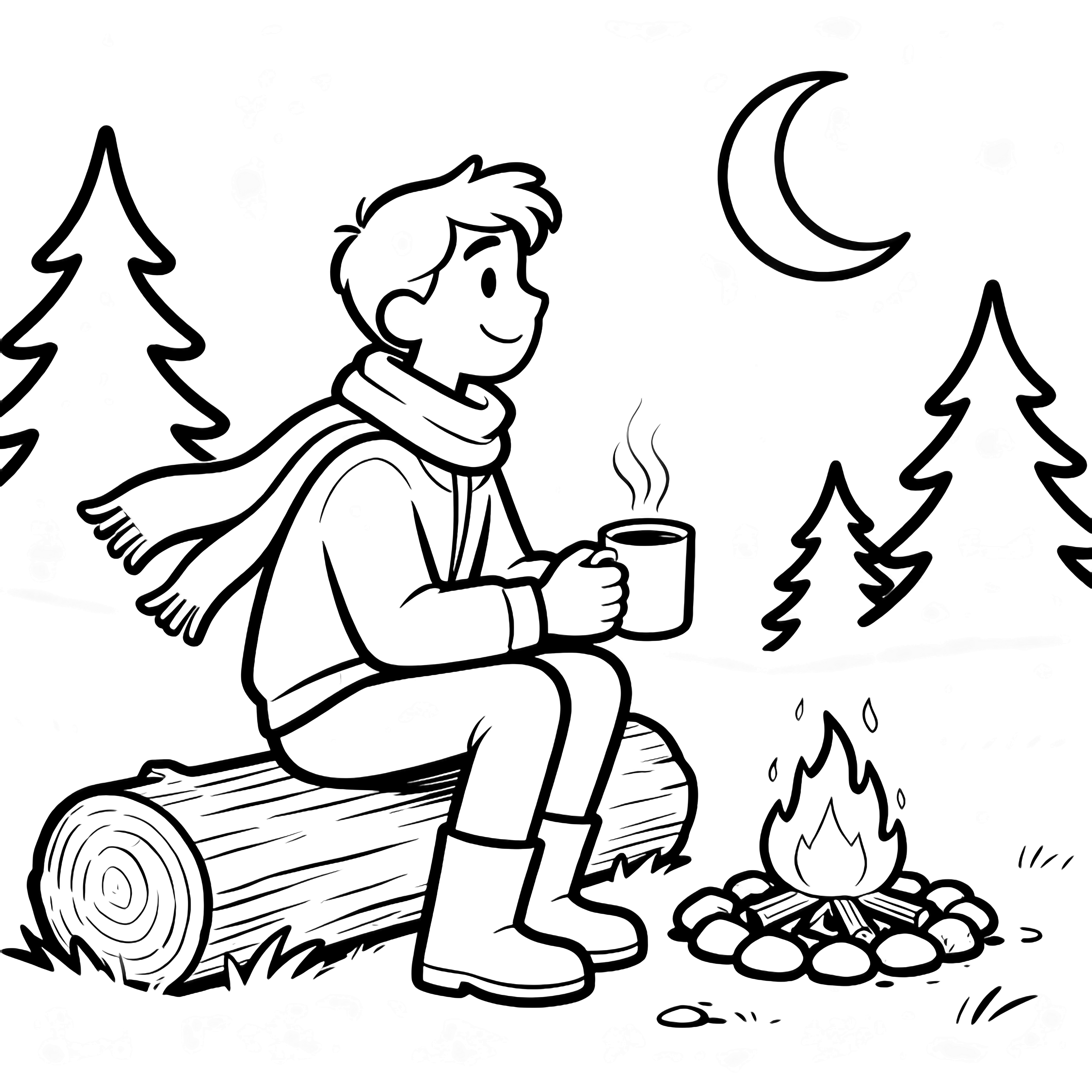Chase sits on a log, scarf fluttering, cradling a steaming mug toward a small campfire ringed by stones, with pine silhouettes and a crescent moon behind. kleurplaat