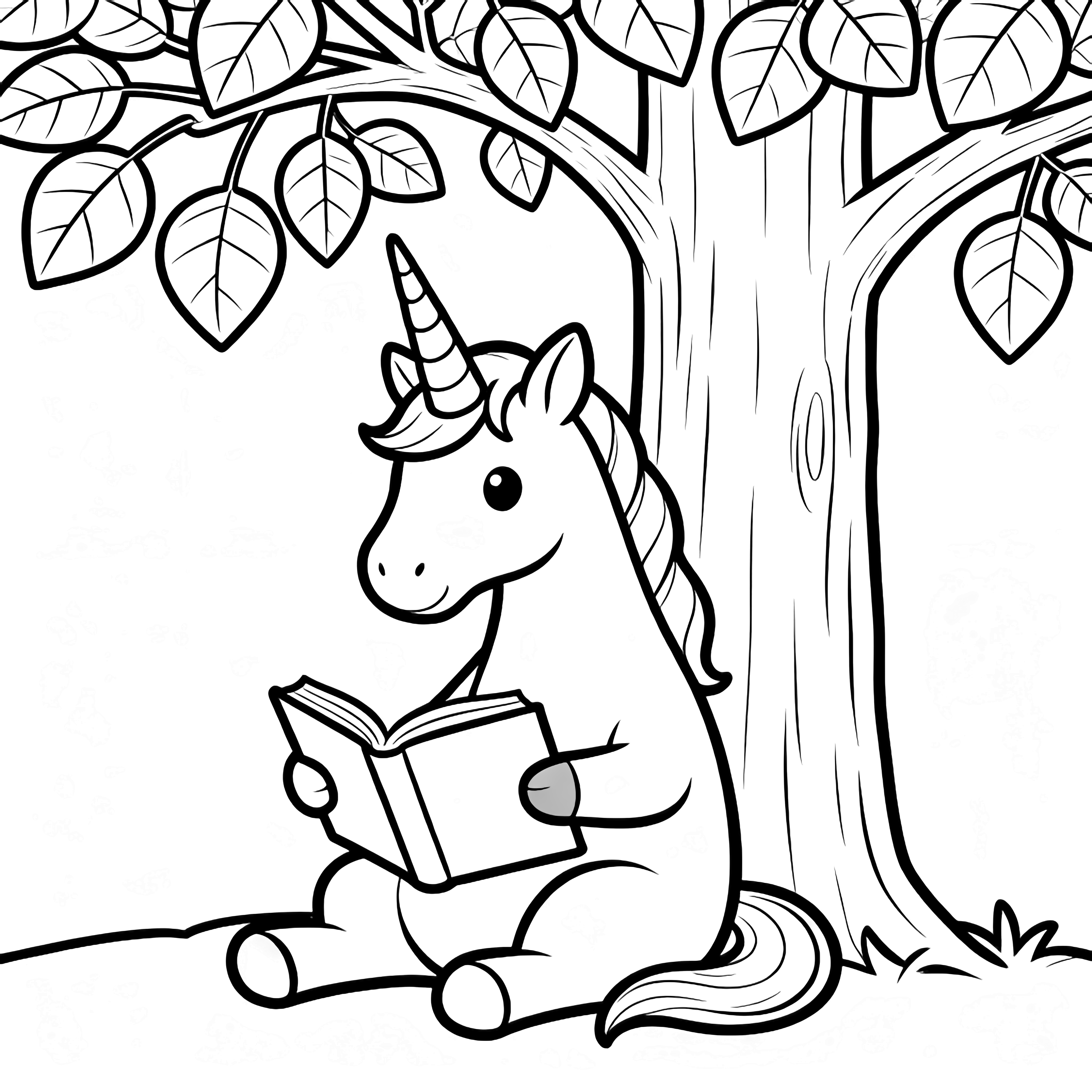 A unicorn sits reading an open book; a leafy tree arches overhead, dropping a few large leaves. kleurplaat