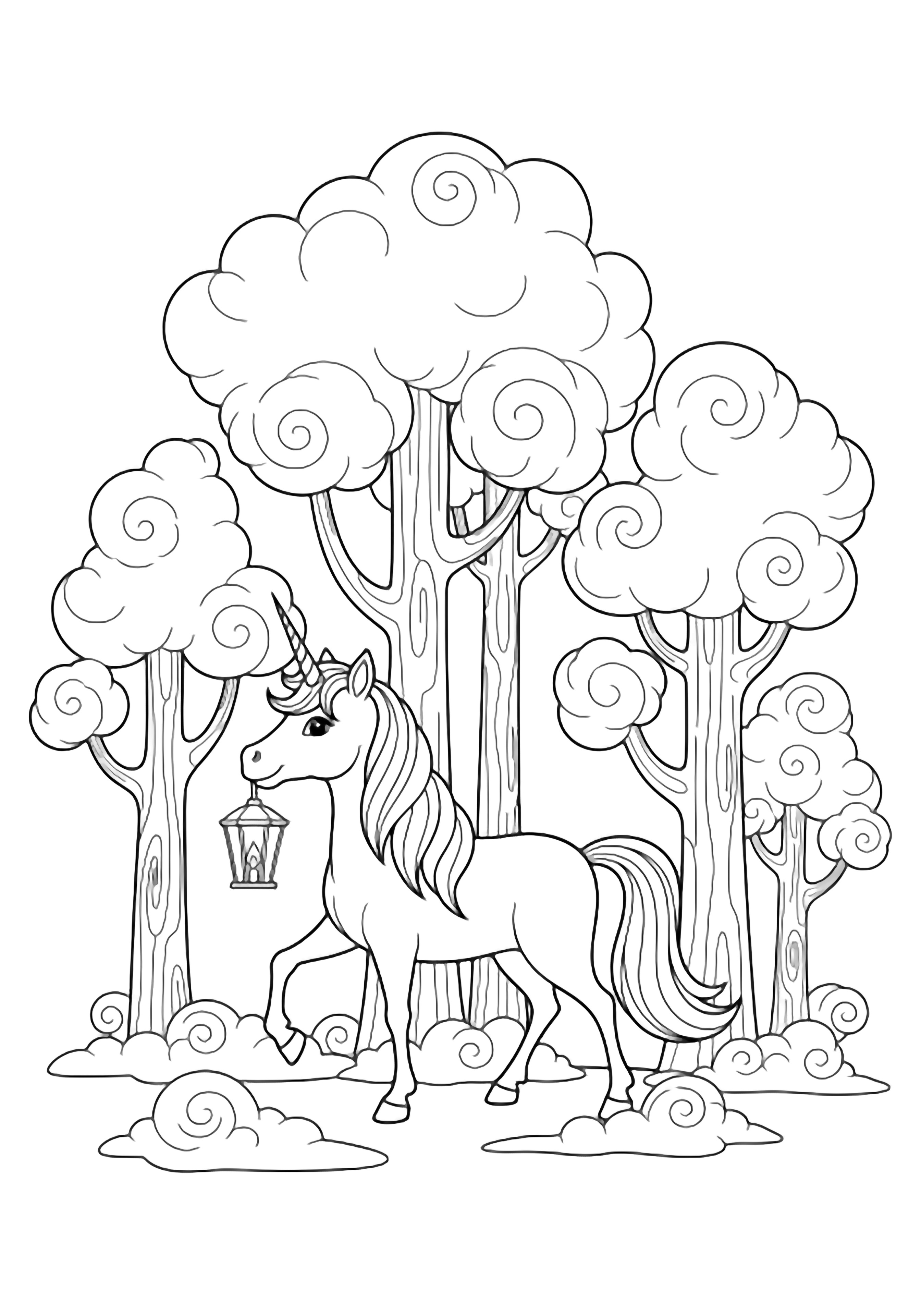 A smiling unicorn with flowing mane lifts a lantern on its horn while strolling between tall puffy trees and drifting fog. kleurplaat