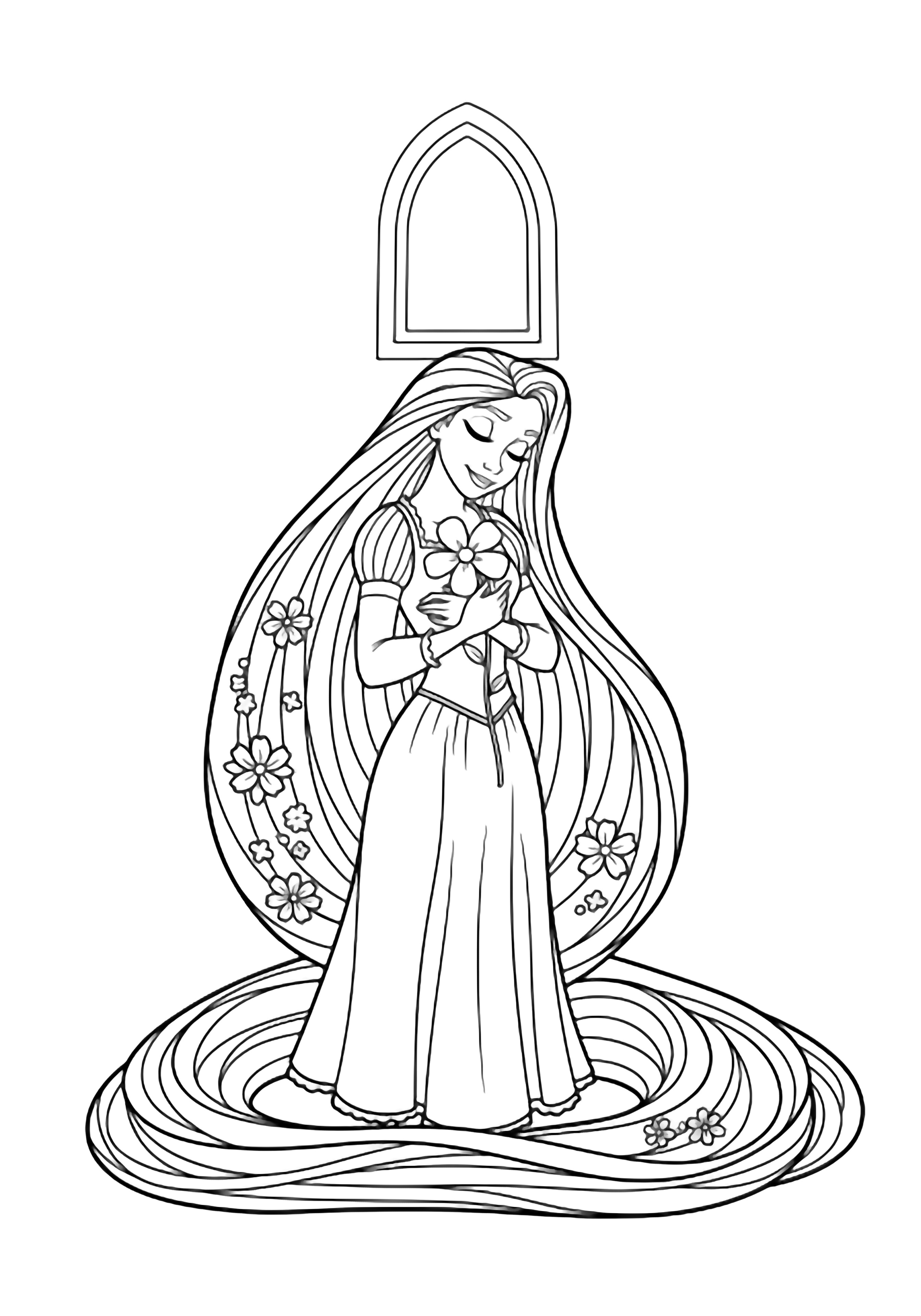 Rapunzel stands centered, long hair looping around her as she hugs a five-petal bloom to her chest, smiling; a simple tower window arches behind. kleurplaat