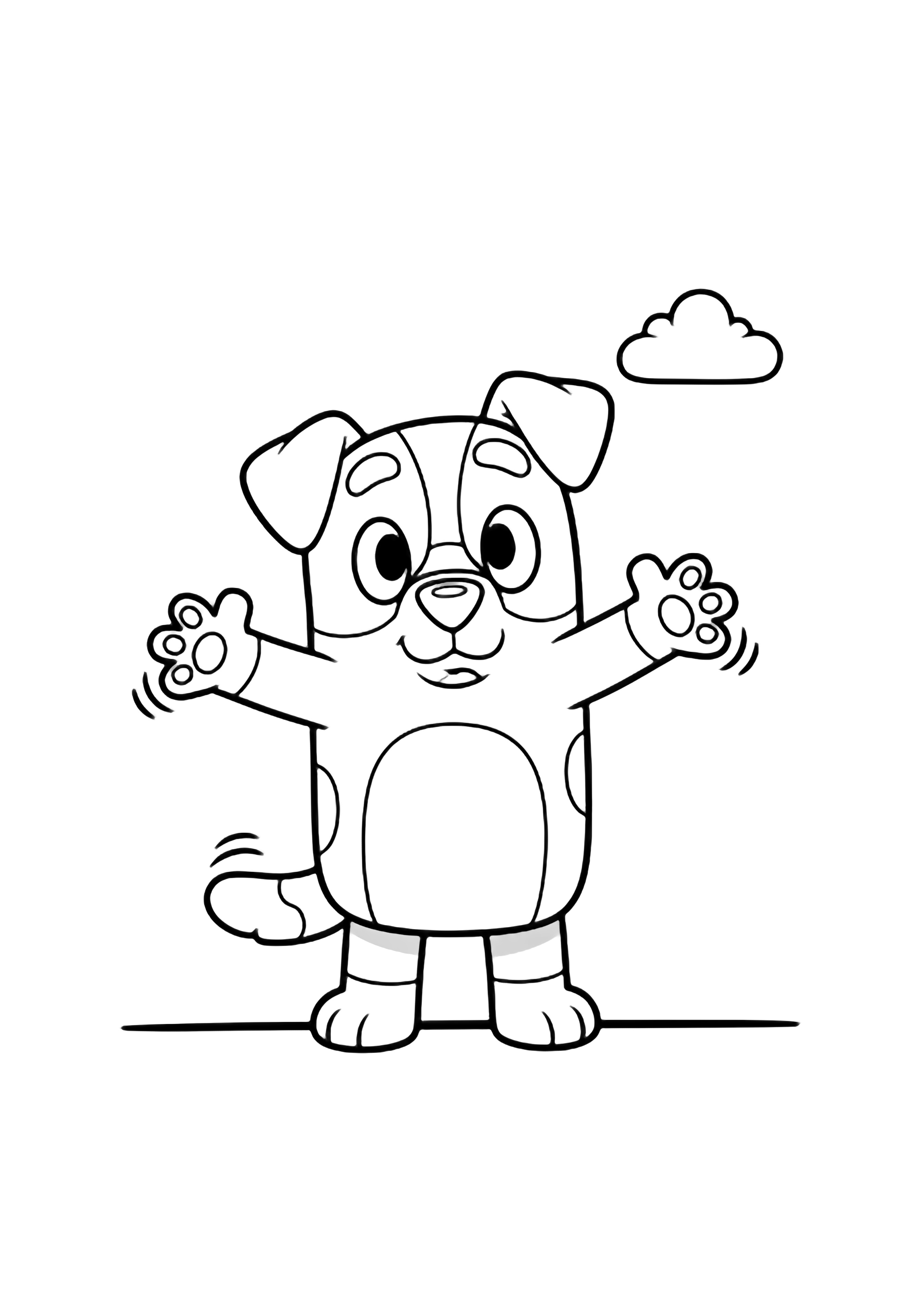 Bingo the dog stands with paws wide in a welcoming hug pose, a tiny cloud floating behind him on a simple ground line. kleurplaat