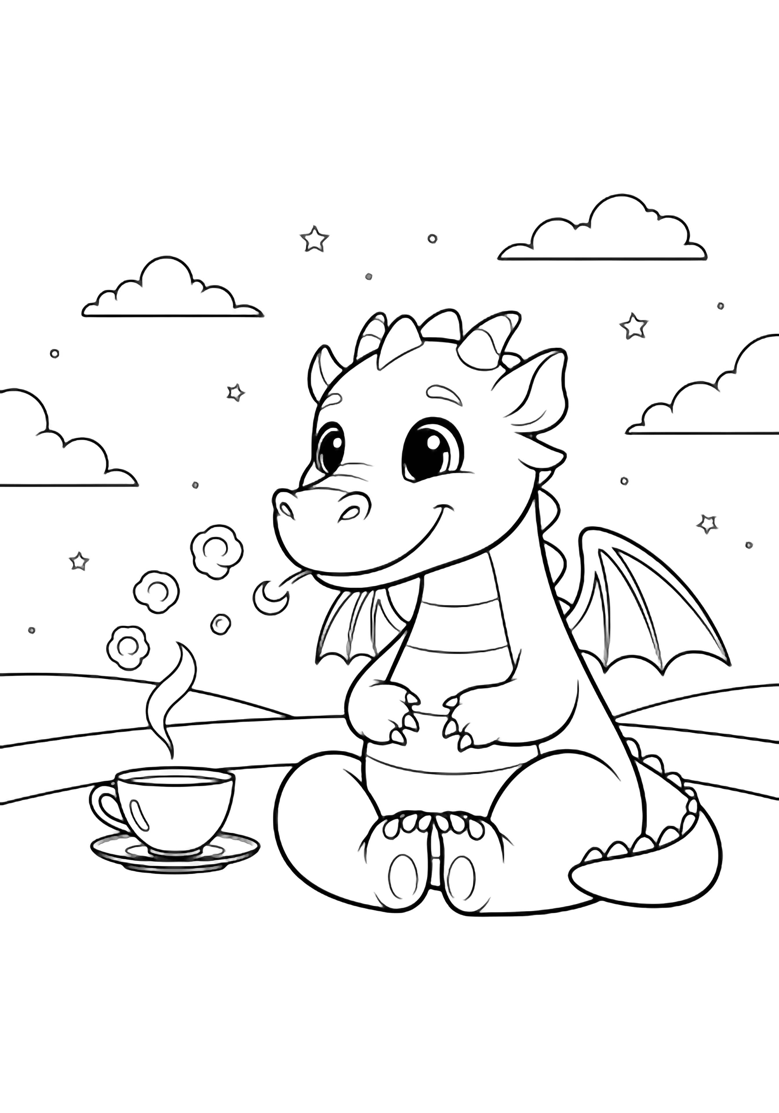 Smiling dragon sits cross-legged, puffing smoke rings at a teacup on a saucer; simple clouds and tiny stars float above a double-curved horizon. kleurplaat