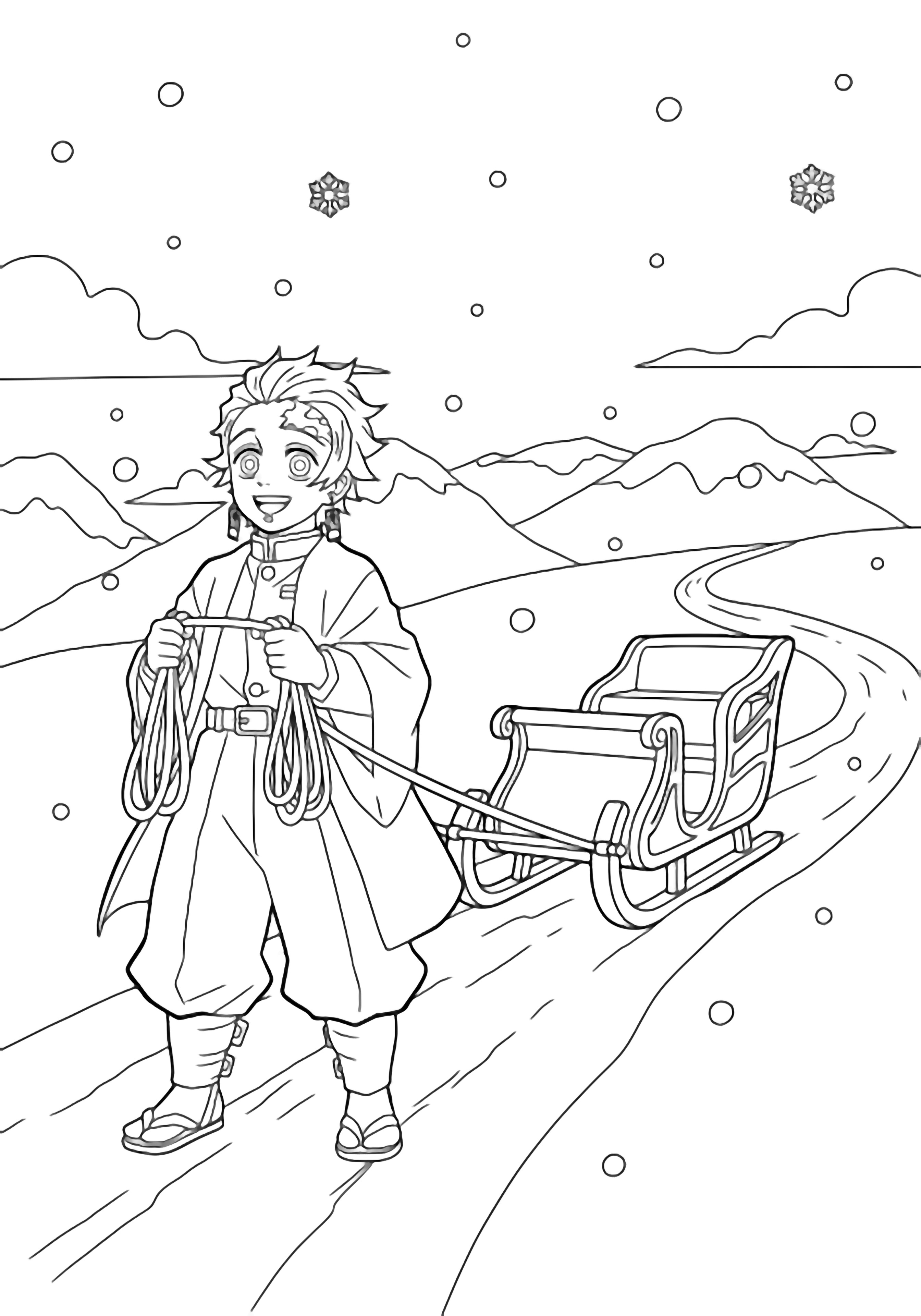 Tanjiro in a simple robe smiles while pulling an open sleigh along a gentle snowy mountain trail, framed by rounded peaks, drifting clouds, and a few snowflakes. kleurplaat