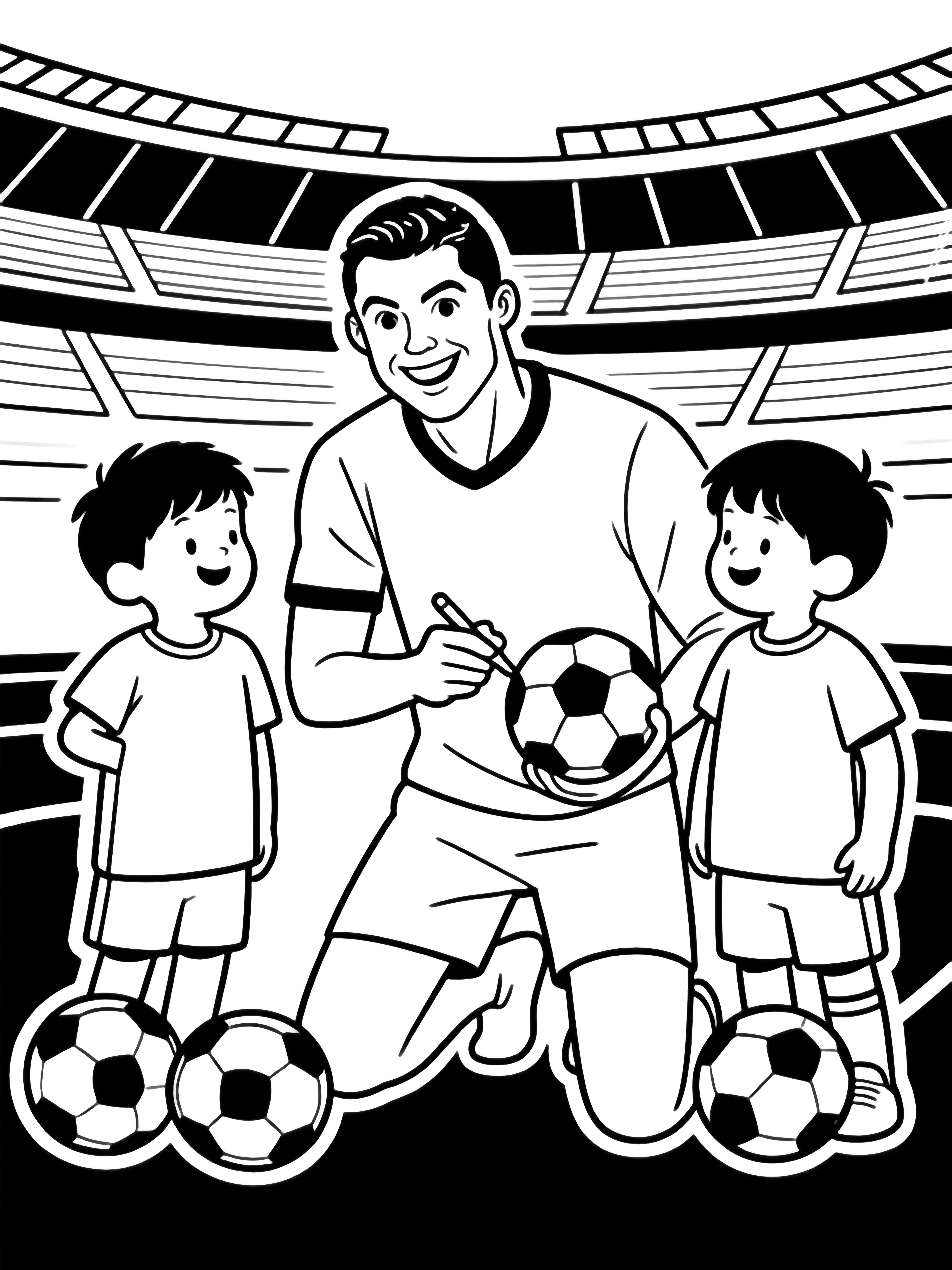 Ronaldo kneels smiling, signing a ball while three excited kids with blank shirts and balls gather around him in a simple stadium. kleurplaat