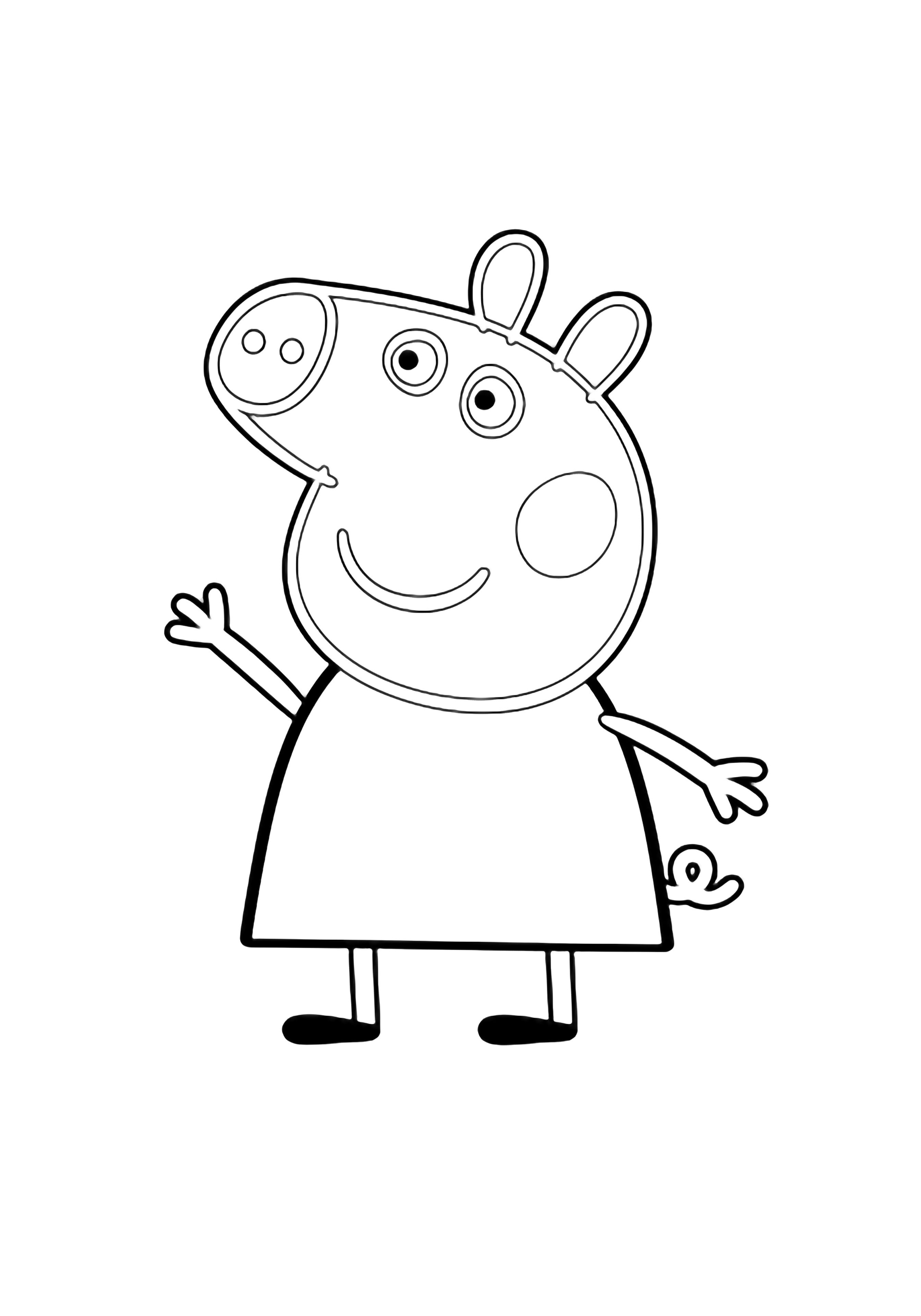 Peppa Pig stands facing the viewer, one arm raised in a friendly wave, her snout smiling and curly tail visible. kleurplaat
