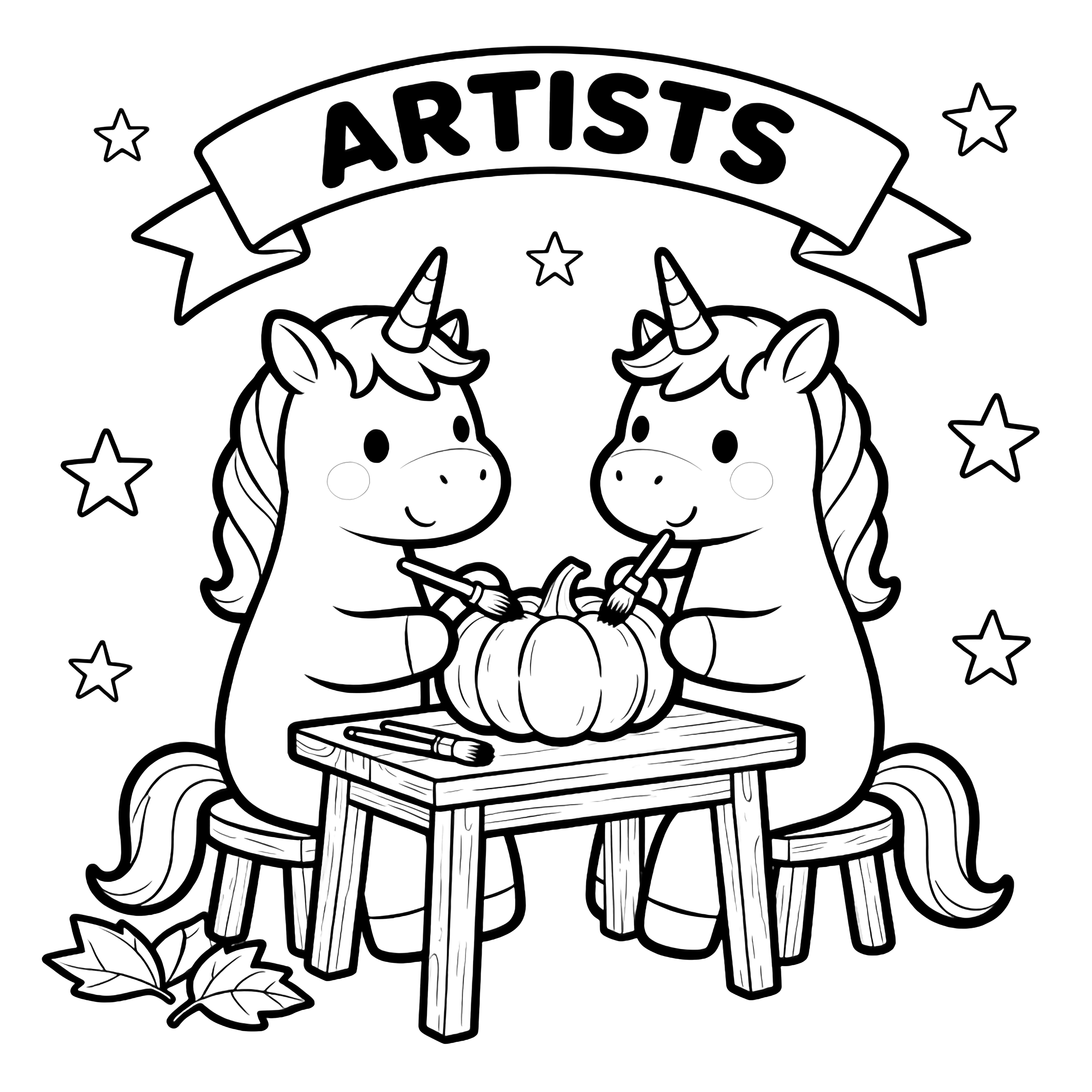 Two smiling unicorns sit at a tiny wooden table, each holding a brush over a pumpkin, with extra brushes and open leaves nearby, framed by stars and a curved "ARTISTS" banner. kleurplaat