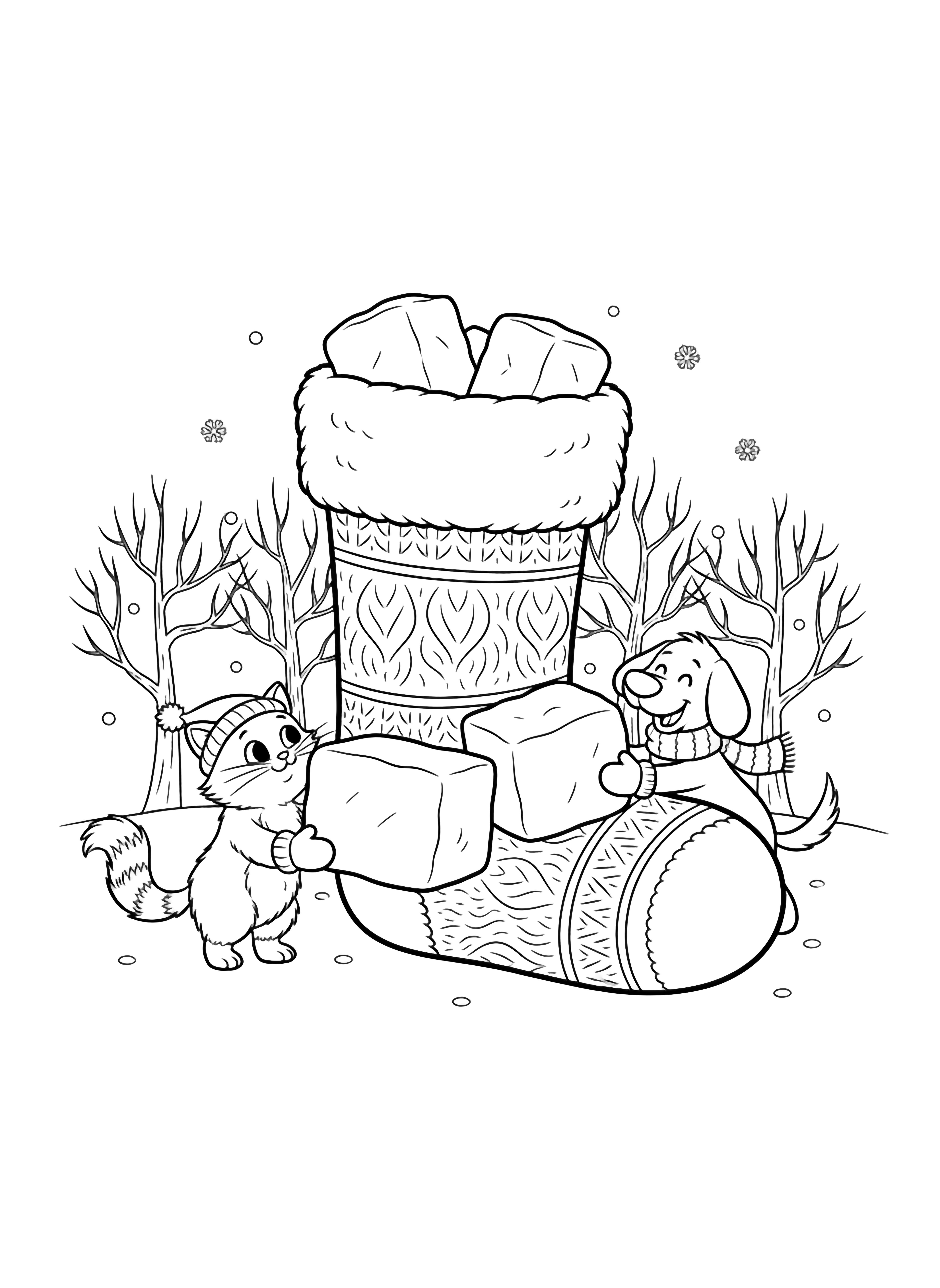Two kittens, Muffin and Socks, build a huge stocking-shaped snow sculpture while snowflakes drift above a low snowy horizon with bare trees behind them. kleurplaat