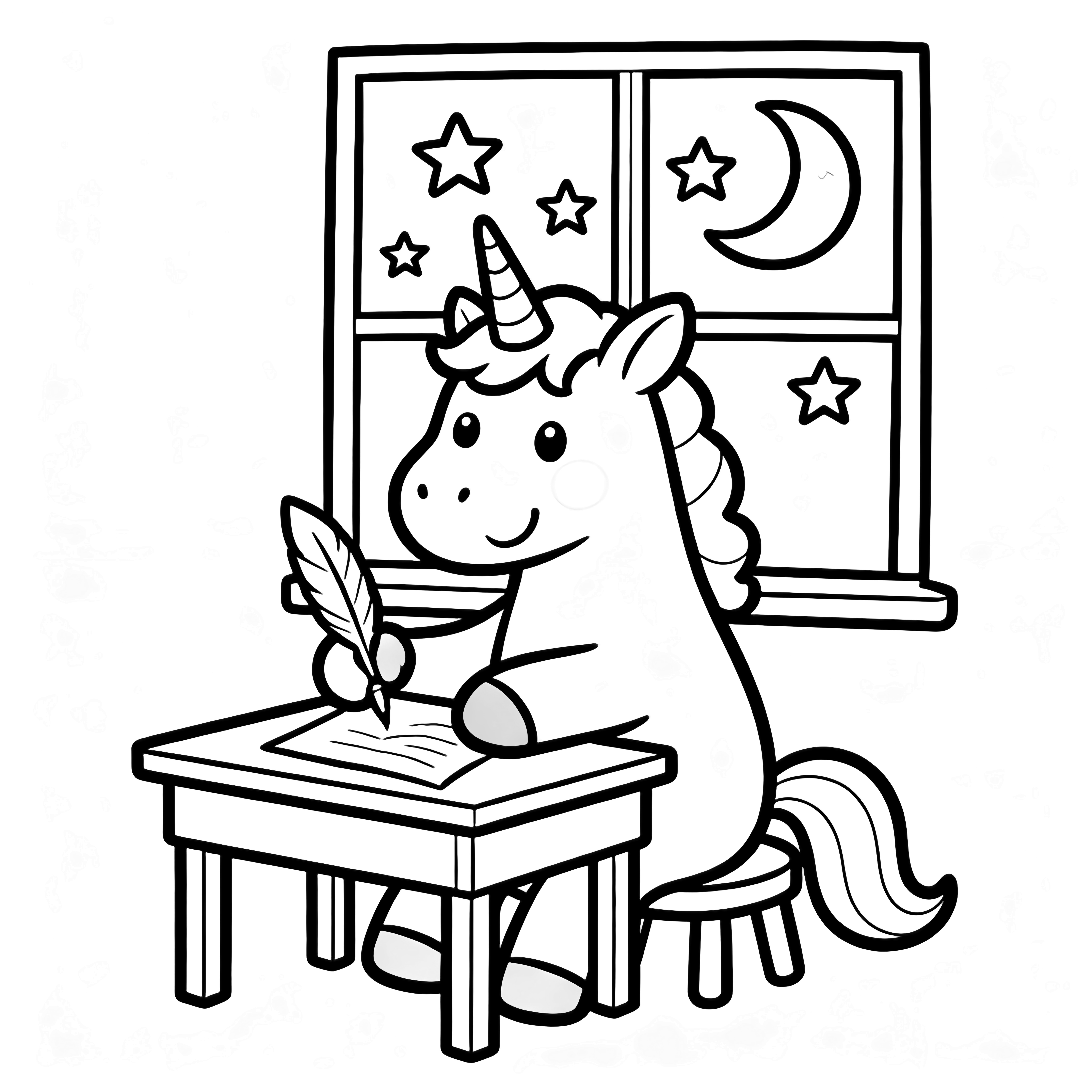 A smiling unicorn sits at a tiny desk, quill in hoof, writing a letter while stars and a crescent moon shine through a window behind. kleurplaat