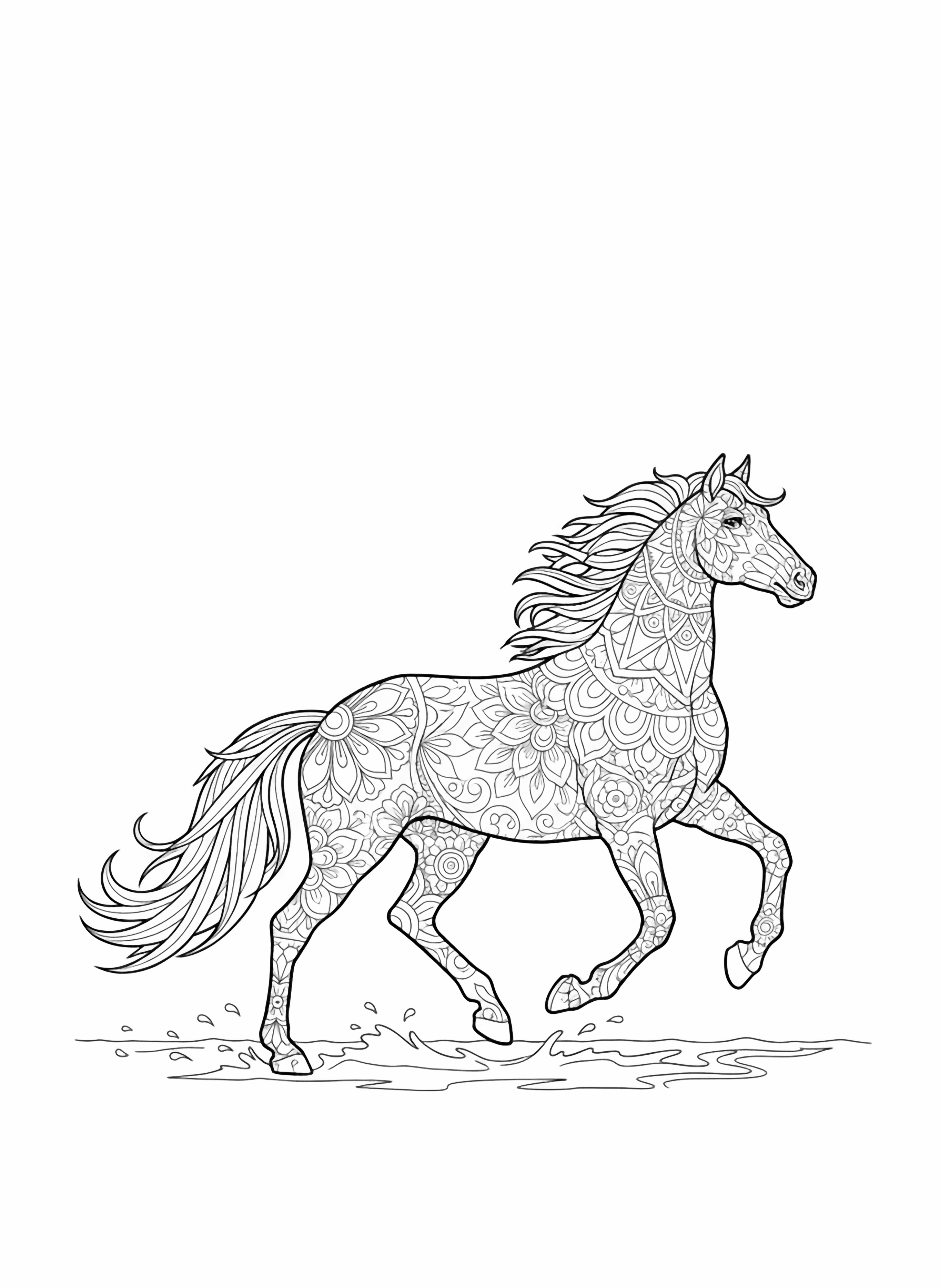 A black and white page of a mandala horse galloping joyfully along the shoreline The horse is decorated with intricate mandala patterns on its flank neck and flowing tail Its mane is styled with geometric mandala shapes creating a beautiful contrast against its smooth body The horse appears to be enjoying the clean black and white line drawing minimal shading no colour no fill kleurplaat