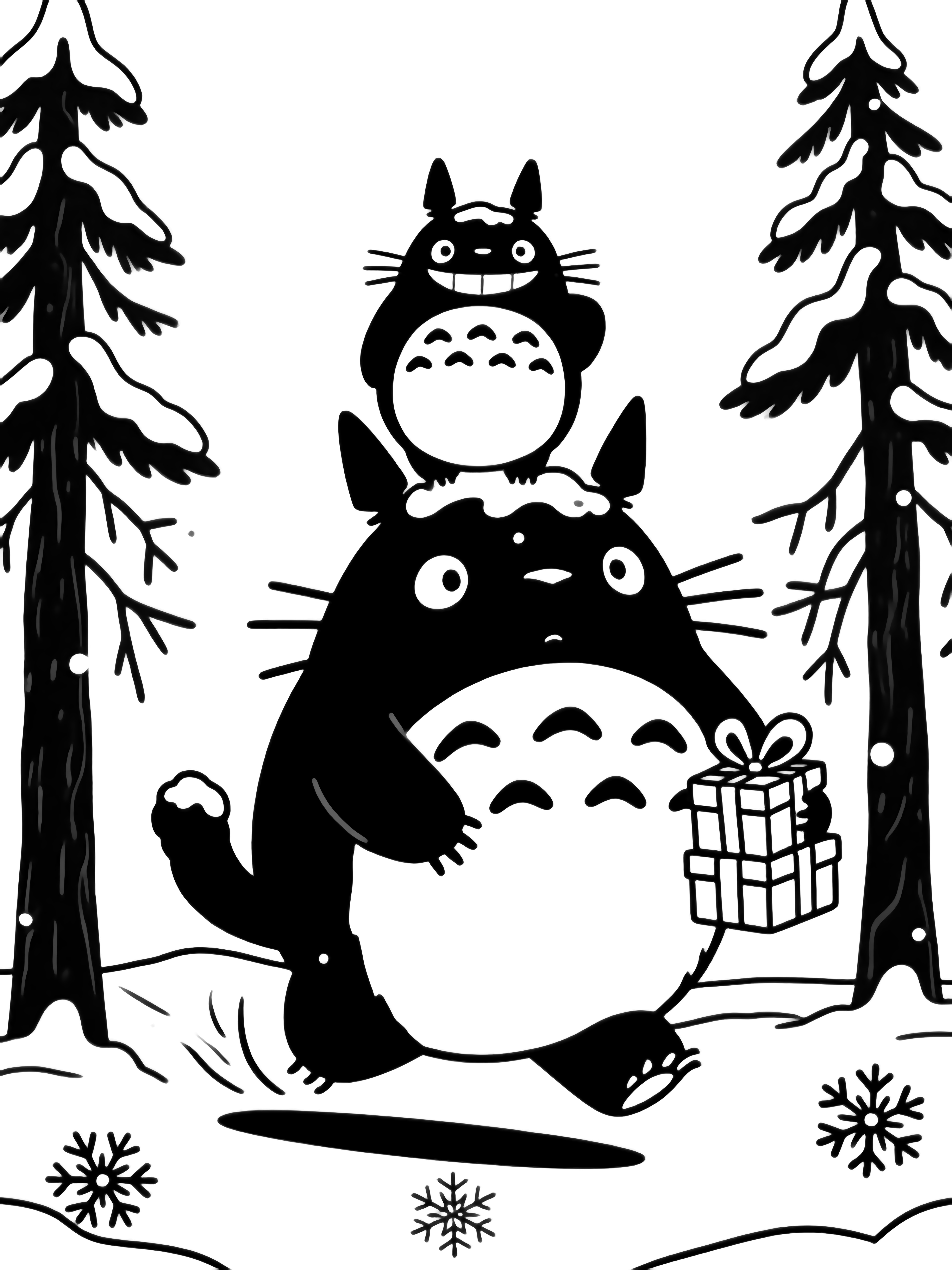 Totoro glimlacht bovenop de rijdende Catbus, beiden licht bedekt met sneeuw, snelend tussen hoge dennen; hij klampt zich vast aan gestapelde cadeaus terwijl sneeuwvlokjes neerdwarrelen op de bosgrond. kleurplaat