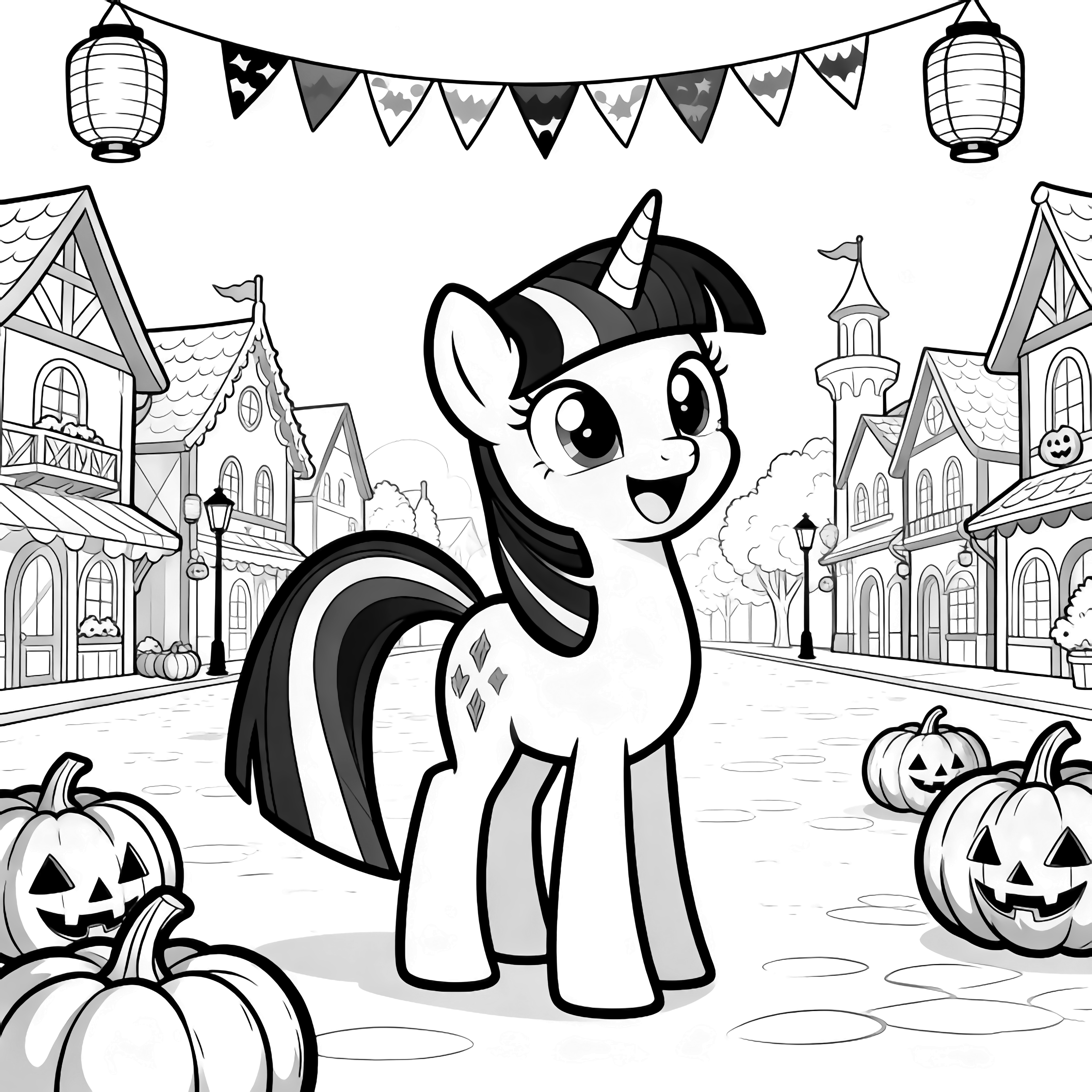 Twilight Sparkle stands happily in Ponyville square, framed by pumpkins, banners, and floating lanterns above empty streets. kleurplaat