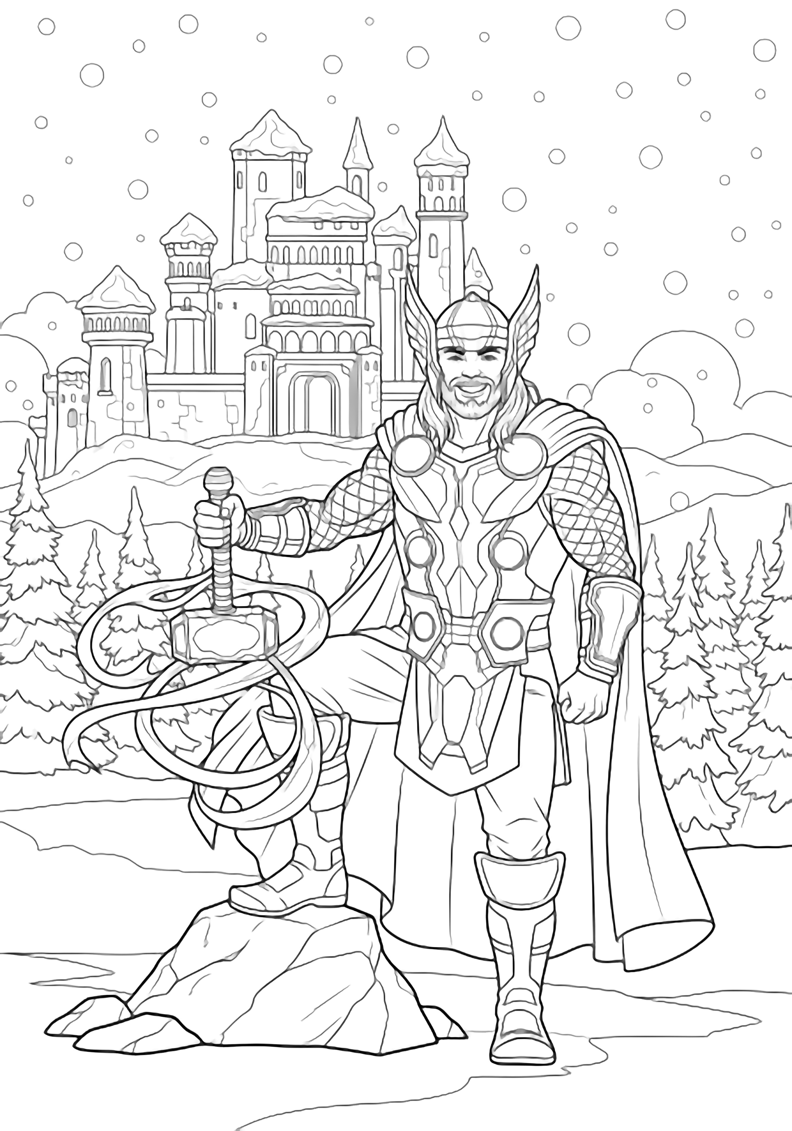 Thor stands smiling, one boot on a rock, Mjolnir wrapped in ribbons; behind him a snowy palace with tiered towers and pines, light snowflakes drifting. kleurplaat