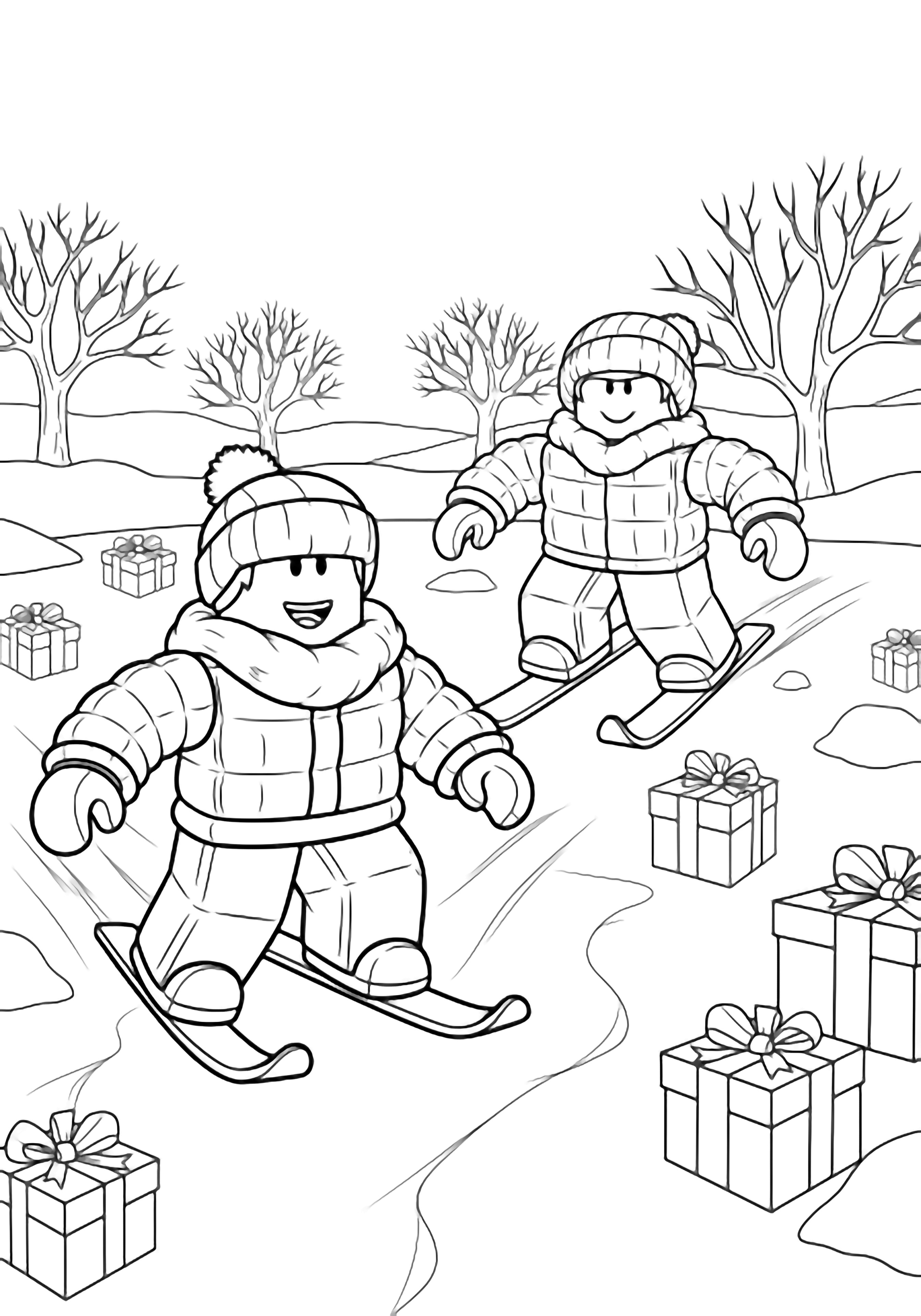 Roblox avatars in puffy coats and mittens skate on a frozen lake, leaving thin tracks; gift boxes and bare trees encircle the scene. kleurplaat