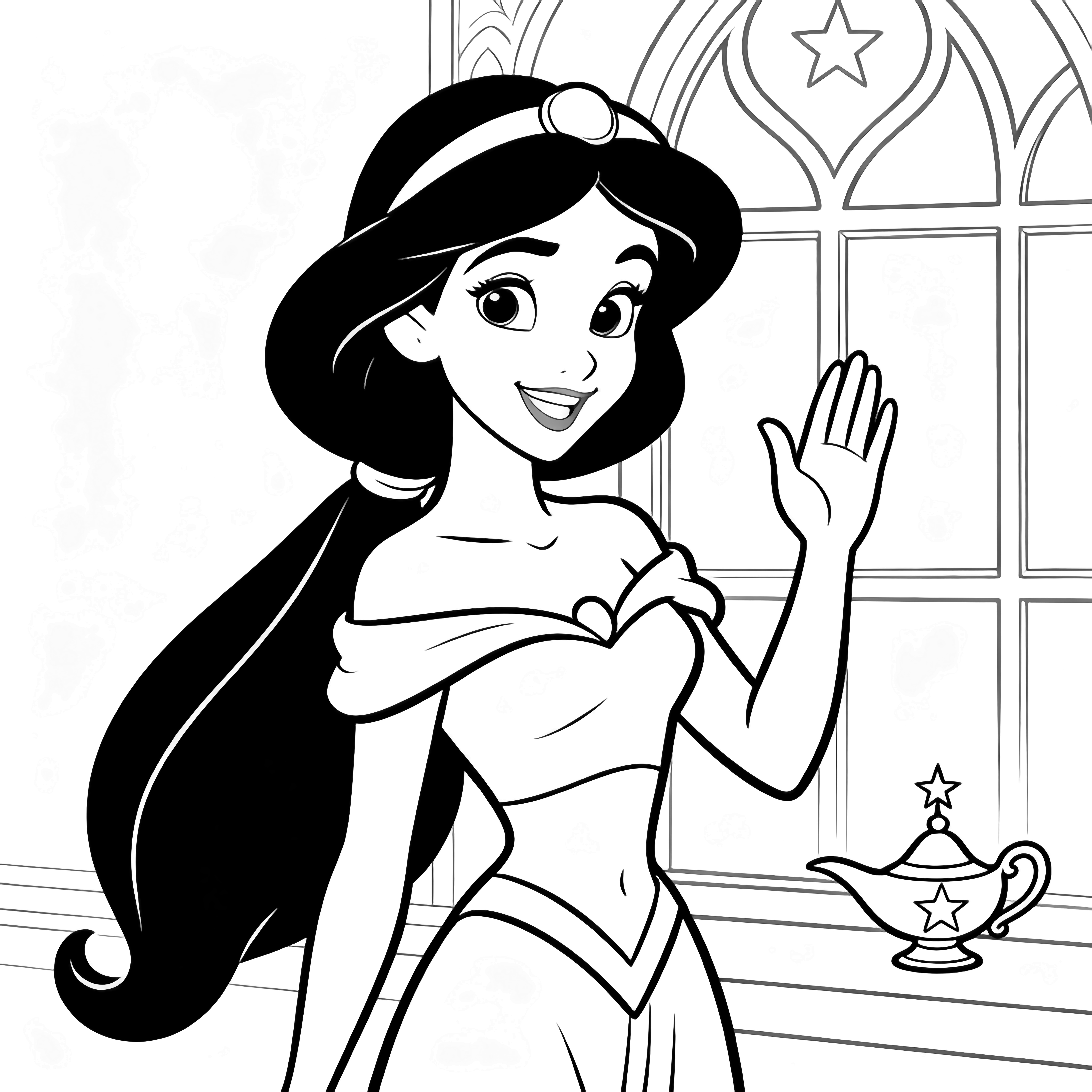 Princess Jasmine smiling and waving, long ponytail, off-shoulder outfit, starry lamp and palace window behind kleurplaat