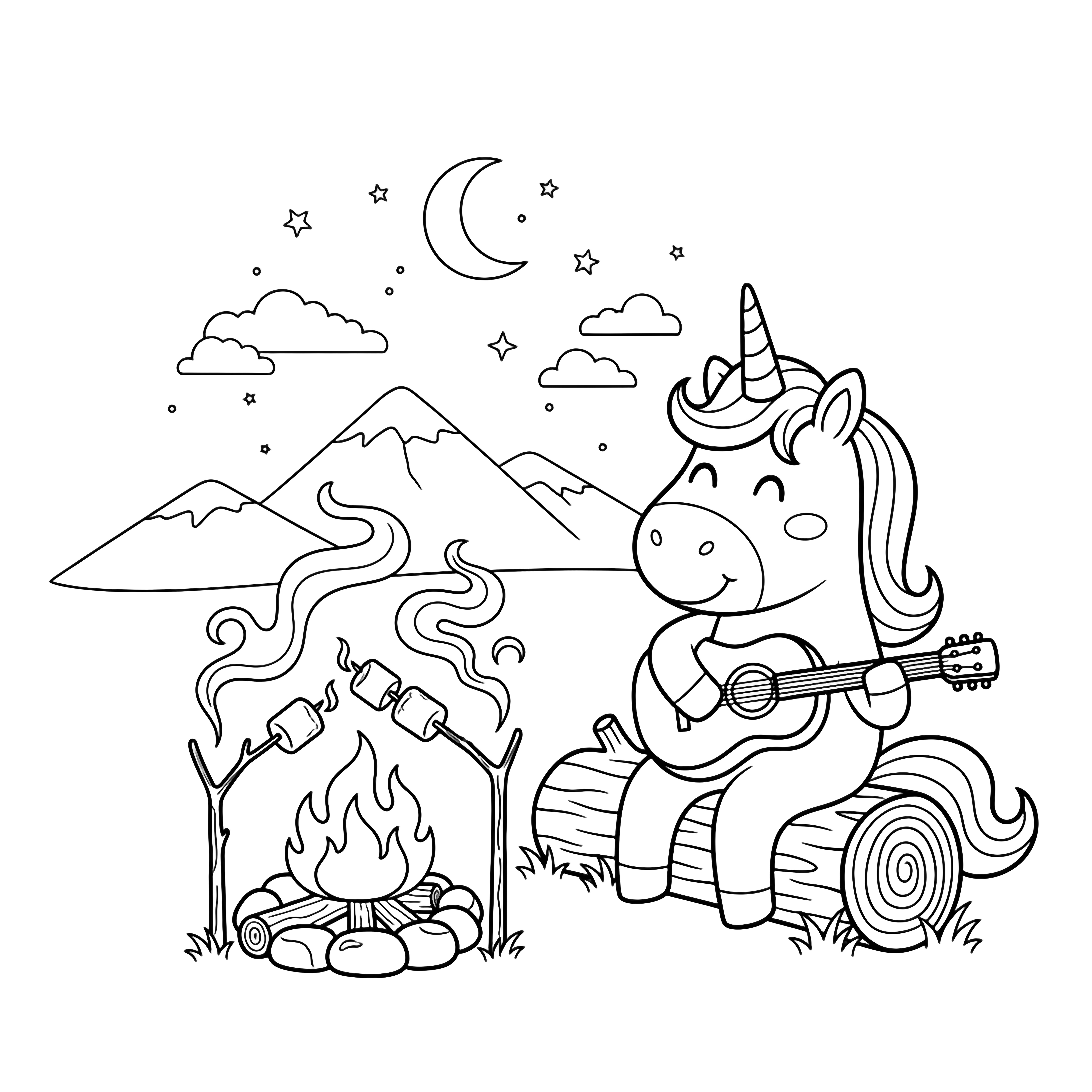 A smiling unicorn sits on a log playing guitar beside a small campfire with three marshmallows on sticks, mountains, stars and a crescent moon in the distance. kleurplaat