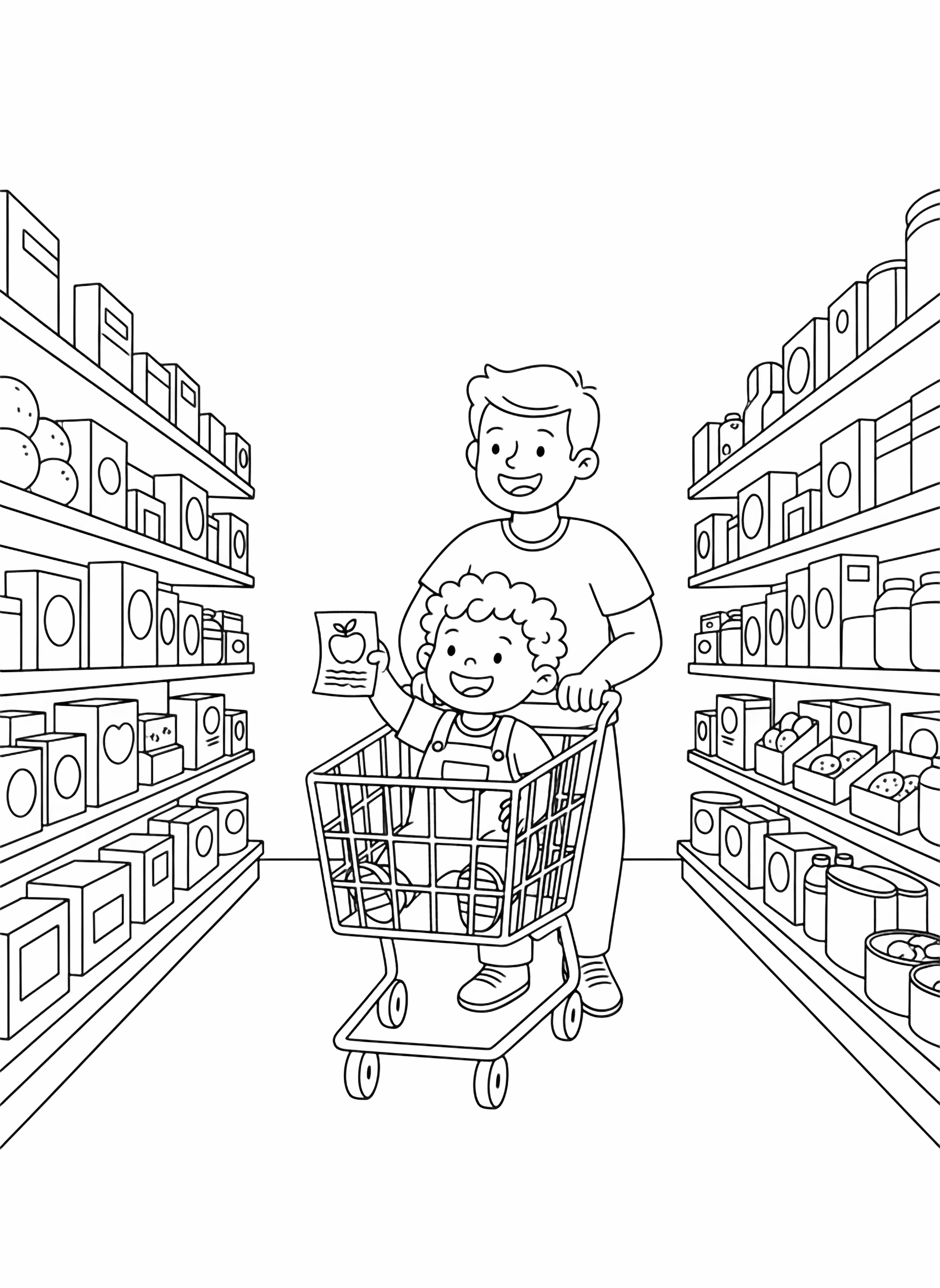 A black and white page showing a happy 3 year old child riding in the supermarket cart while daddy pushes it down the aisle The little one holds a tiny shopping list with big wobbly drawings of apples and milk Shelves stocked with cheerful simple food shapes round oranges boxy cereals clean black and white line drawing minimal shading no colour no fill kleurplaat