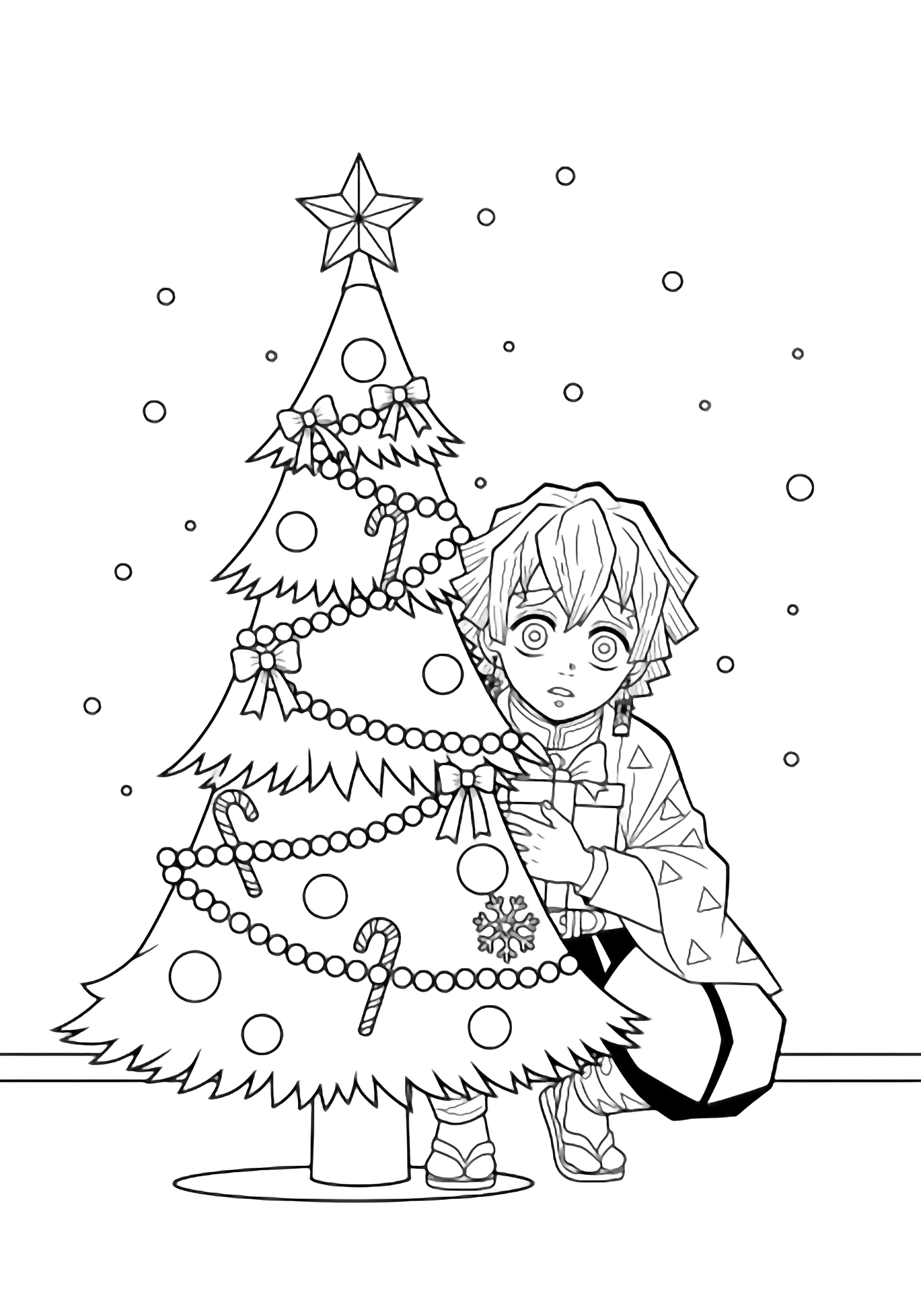 Zenitsu crouches under a star-topped Christmas tree, peeking out wide-eyed while hugging a ribbon-tied present; candy canes, ornaments, and garlands decorate the tree as snowflakes drift through the empty room. kleurplaat