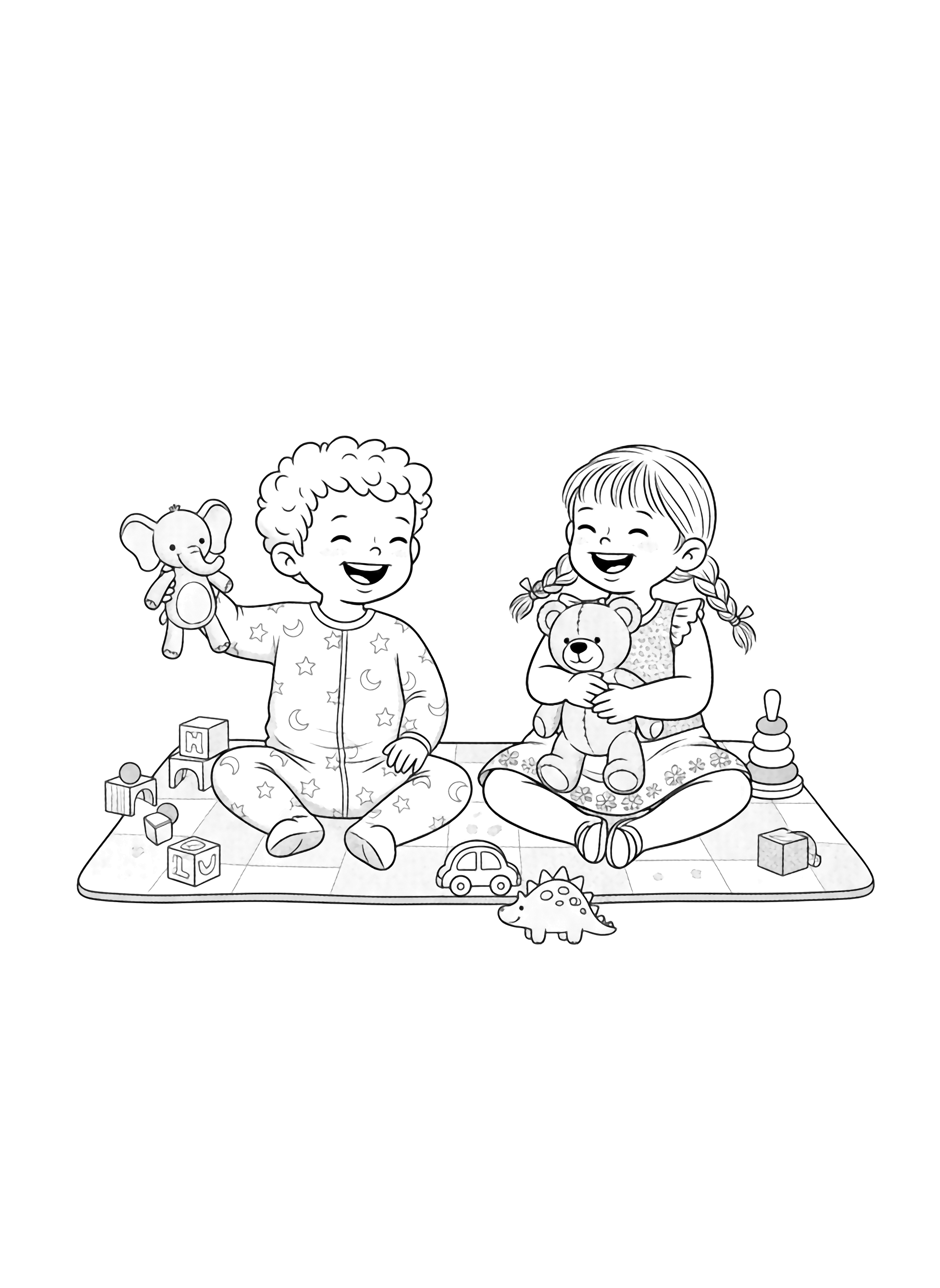 A black and white illustration of two cheerful toddlers a boy and a girl both around two years old sitting on a soft play mat surrounded by their favorite toys The boy has curly hair and wears a simple onesie with a cute pattern while the girl has braided pigtails and wears a frilly dress clean black and white line drawing minimal shading no colour no fill kleurplaat
