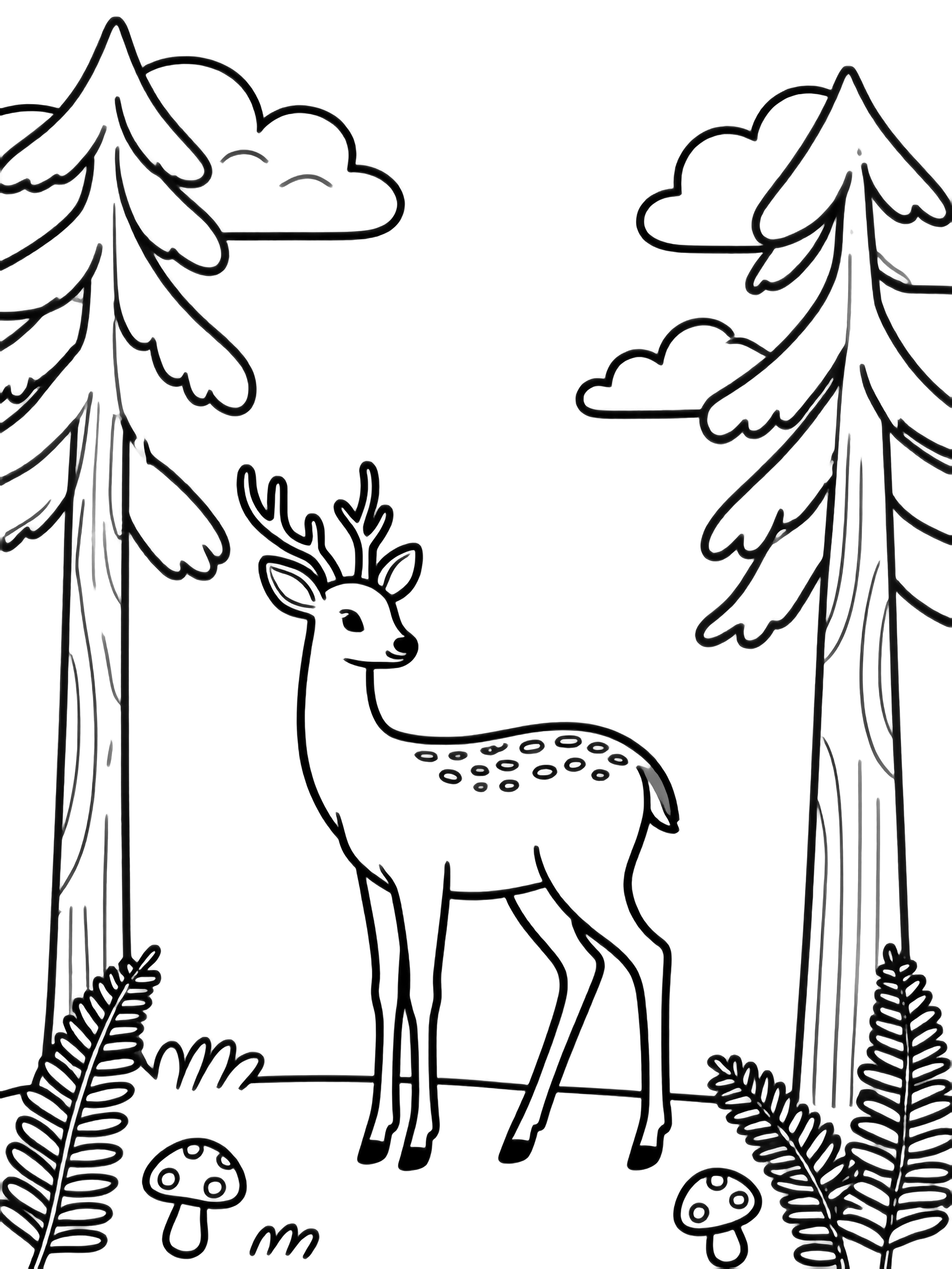 A deer glances back between two tall pines, surrounded by ferns, mushrooms, and drifting clouds. kleurplaat